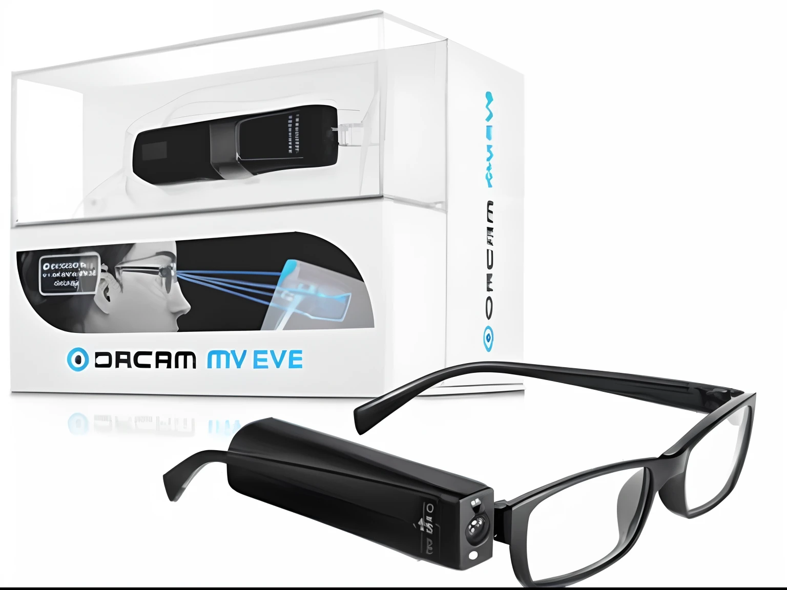 a closeup of a pair of glasses with a box in the background, eye - medium level - shooting angle, digital glasses, eye - level view, ar glasses, futuristic ar glasses, eye level view, Perspective image at eye level, digital sunglasses, mid view, premiado", ( ( eyeglass ) ), augmented vision, Packshot, olho, eyeglass