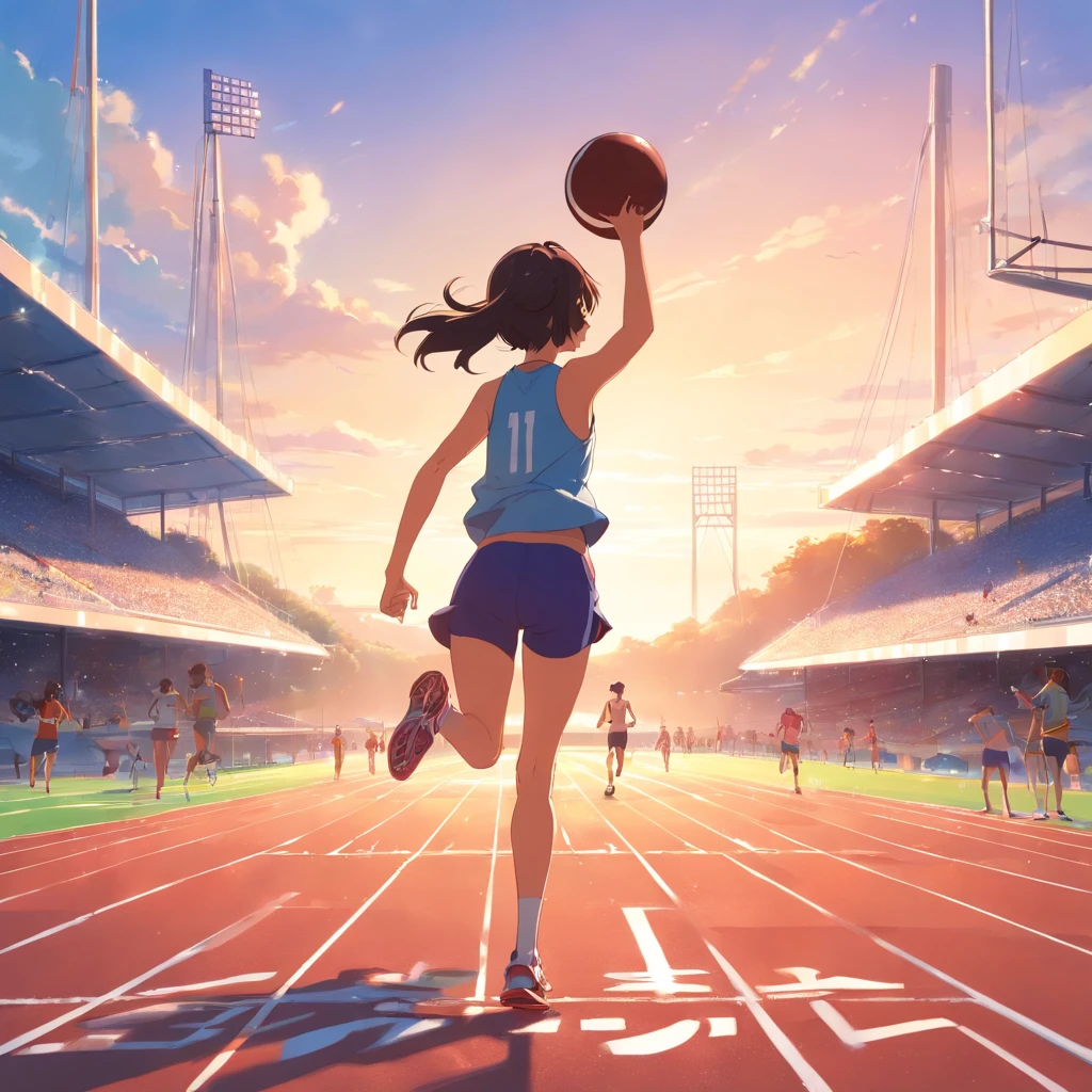 pista de atletismo  os atletas treinando e uma menina ao fundo observando tudo