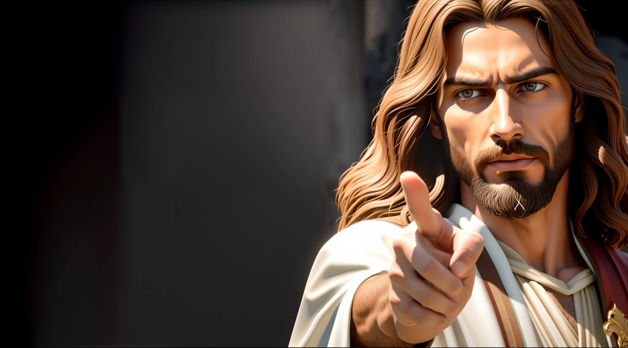 Jesus pointing at you with his finger up, Jesus Cristo, Jesus, jesus of nazareth, rosto de Jesus, pointing to heaven, Jovem Deus Todo-Poderoso, sem palavras 4 k, O Senhor e Salvador, Awesome, Retrato de Jesus Cristo, Dedo de Deus, pintado digitalmente, Jesus Cristo Fumando um Blunt, Jesus Gigachad, Nicodemos, Arte 4K, Maximum realism, max quality, ultrarrealismo, ultrarrealista, image with maximum detail, detalhes reais, maximum detail in the Face of Jesus Christ, realismo completo, Jesus is staring, Dramatic Jesus, rosto realista, barba realista, realismo ao extremo, maximum detail in everything, detalhes no rosto, Details in hand, detalhe nos dedos, Maximum of realistic, imagem ultra realista