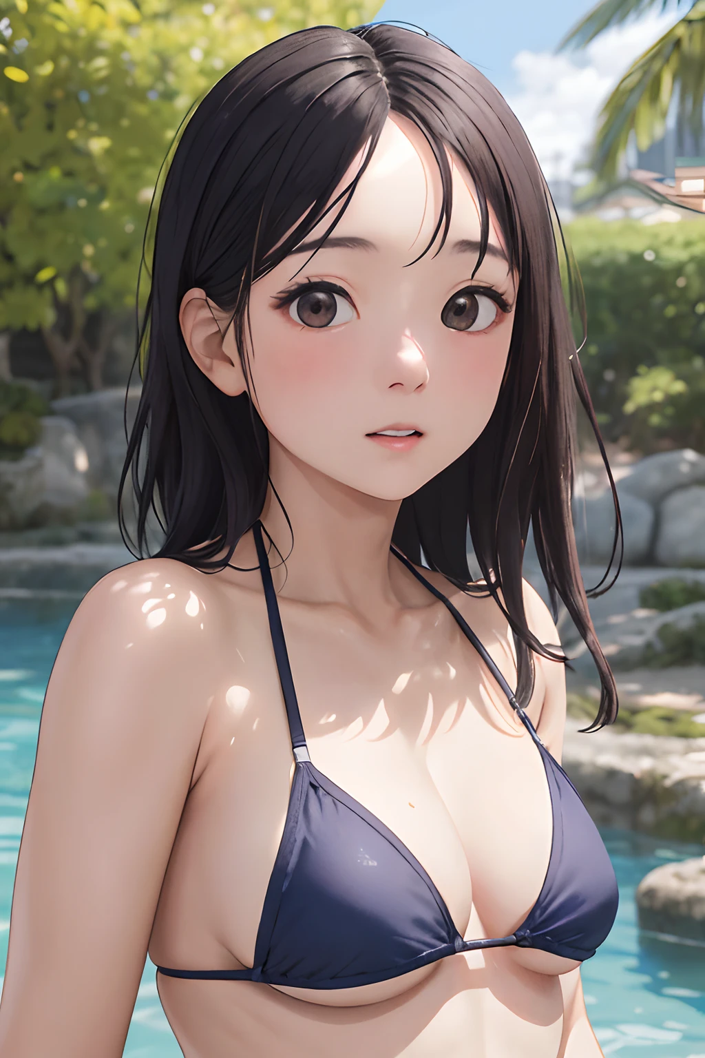 Hyper-realista, 1 japonesa、a mature female、O Arco、uma imagem、realista、qualidade superior、adotar、Um rosto detalhado、mare、Antecedentes detalhados、luz solar difusa、profundidade de campos、Bokeh、the bikini