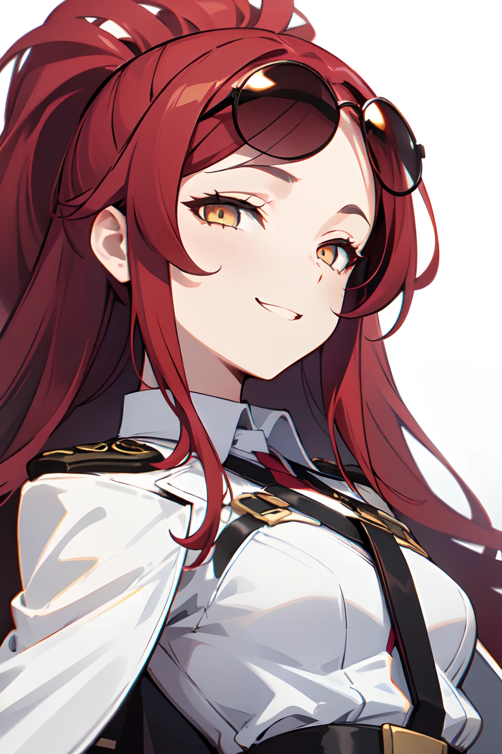 1girl, woman, solo, long hair, big hair, (forehead:1.2), (round sunglasses:1.19), yellow eyes, scarlet red hair, medium breasts, devilish grin from below, white hair, (overcoat, black coat, open coat:1.2), white shirt, collared shirt, (chest harness, shoulder strap:1.15), black leather shorts, garter belt, gloves, ((from below)), elegant, looking at viewer, standing, chromatic aberration, (close-up to face:1.2), face only masterpiece, best quality, 4k
