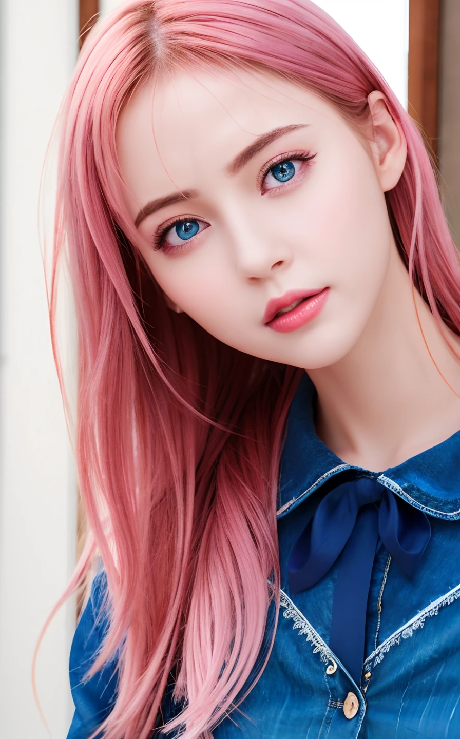 best quality, ultra high res, (photorealistic:1.4), (detailed beautiful girl:1.4), (medium breasts:0.8), looking_at_viewer, Detailed facial details, beautiful detailed eyes,pink hair, blue eyes, slender, haunting smile, (makeup:0.3), red lips, highly detailed clothes, (ulzzang-6500-v1.1:0.3)