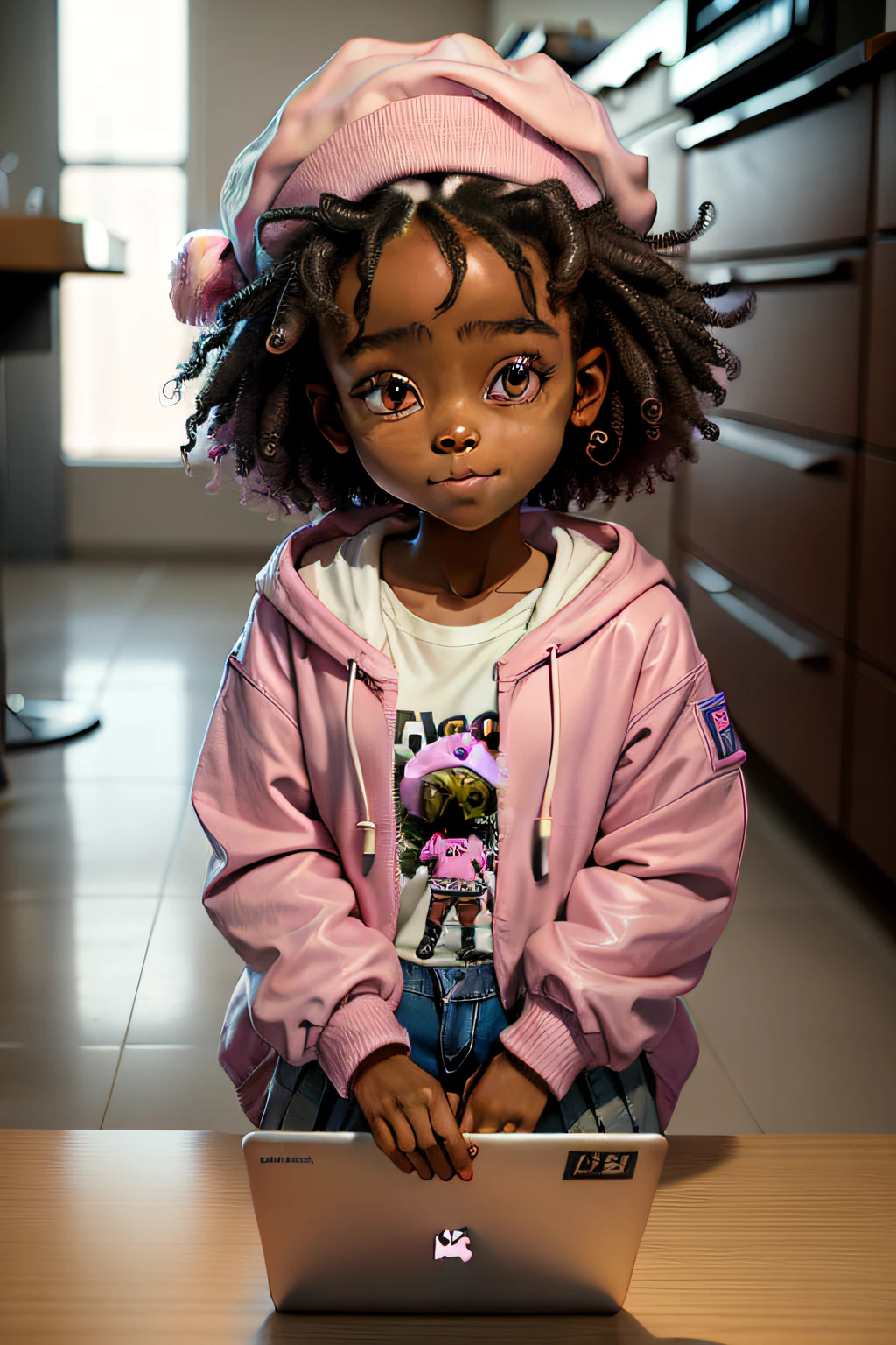 (masterpiece), (best quality), (ultra-detailed), (full body), 1Afro girl, chibi,cute, smile, with laptop in hand kneeling in floor, playing music, pink beret, pink jacket, shirt, back power hair, white headwear, blurry, black hair, blush stickers, long sleeves, blue headphones, books, (beautiful detailed face), (beautiful detailed brown eyes), (beautiful detailed brown skin) EasyNegative