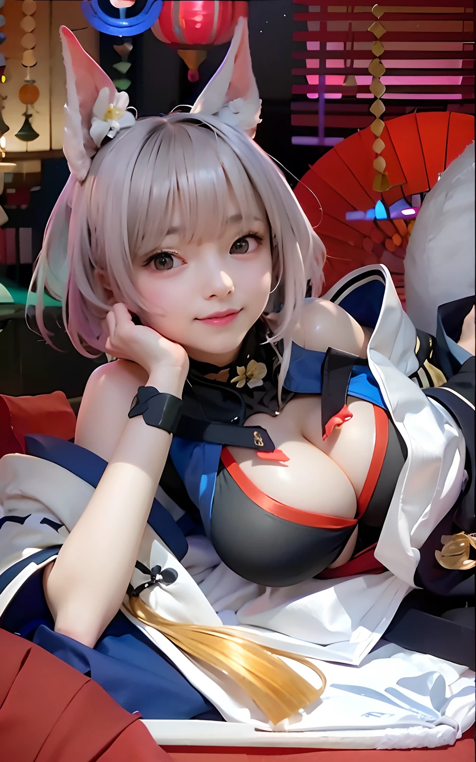 top-quality、masterpiece、超A high resolution、(Photorealsitic:1.4)、Raw foto、1 girl in、((white hair))、full body Esbian、large full breasts、Ultra exposed cleavage、erotick、Erotic look、gargantilha、二重まぶた、Loose and fluffy perm、semi long hair、Pleated skirt with slit、Staring at us with your whole body、Close up of black and white kimono and white flowers, sōsaku hanga, hakama kimono, Anime Cosplay, Onmyoji, Komono,, high quality costume, intricate hakama, flowing magic robe, bath robe, Kimono, japanese kimono、((age Korean schoolgirl))、((Korean Female Idols))++、