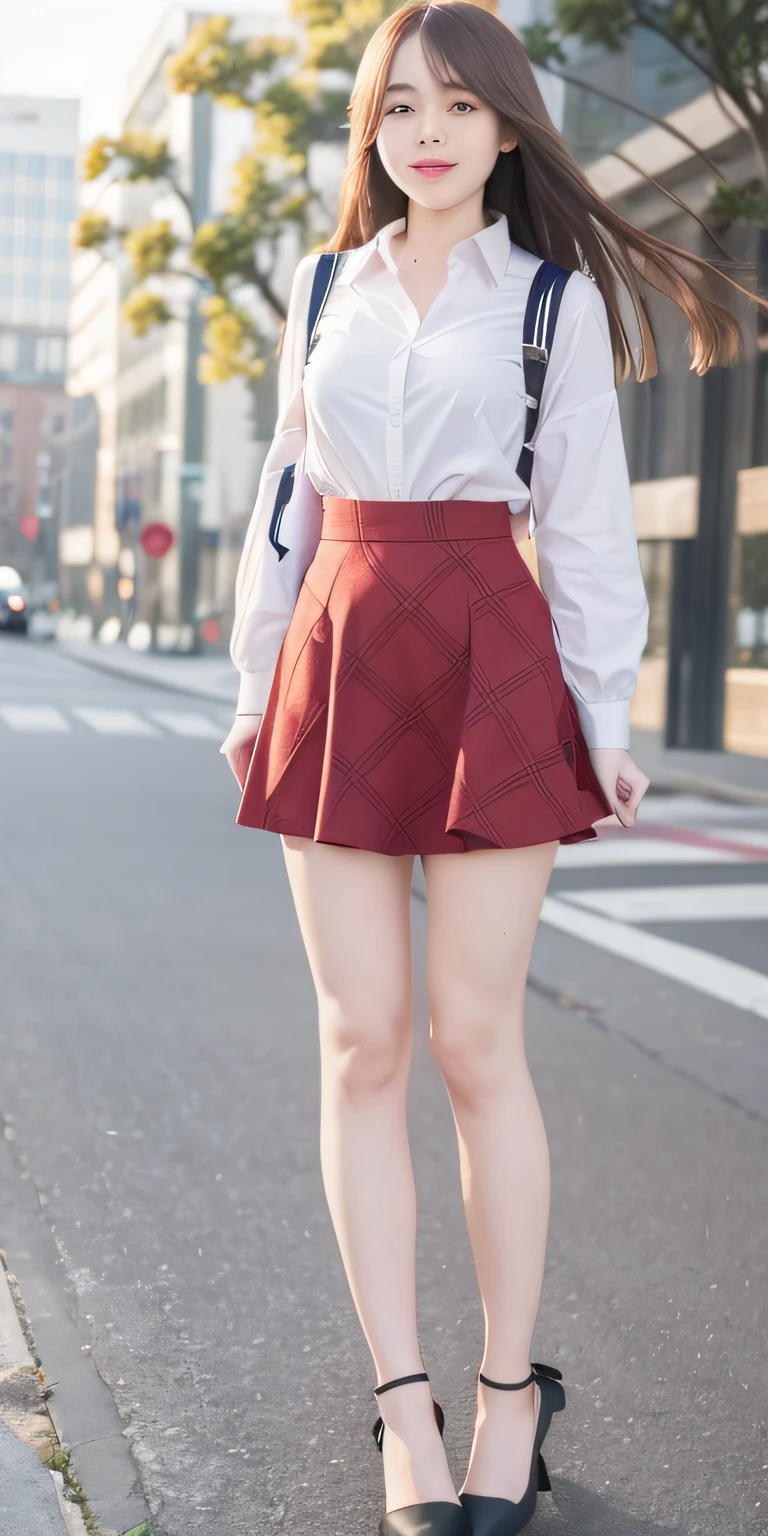 mix4, 20d, solo, smiling, long_hair, plaid schoolgirl skirt, white shirt, mary jane flat shoes, full_body, look_at_viewer, (8k, RAW photo, best quality, masterpiece:1.2), (realistic, photo-realistic:1.37), professional lighting, photon mapping, radiosity, physically-based rendering,
