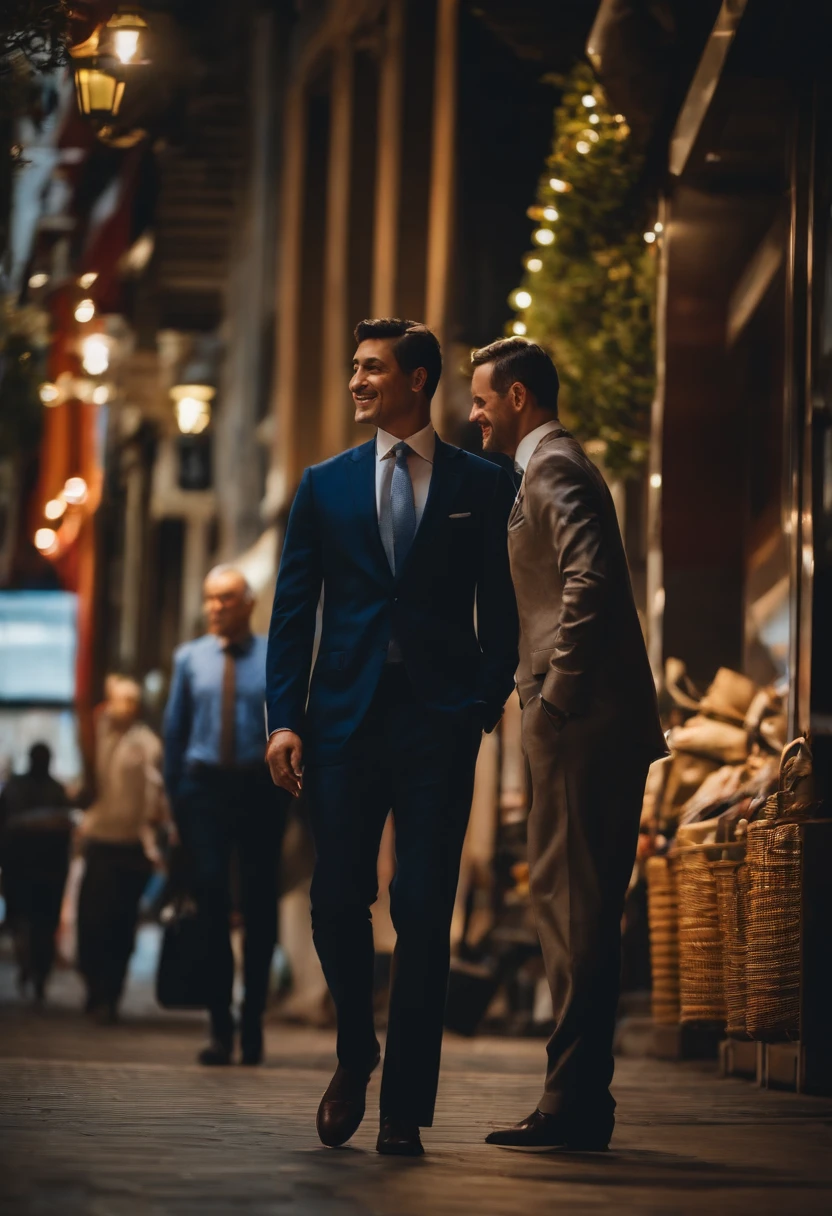 Two men in suits after work,Behind the scenes walking in the shopping street in the evening, Smiling in profile,, The highest image quality,