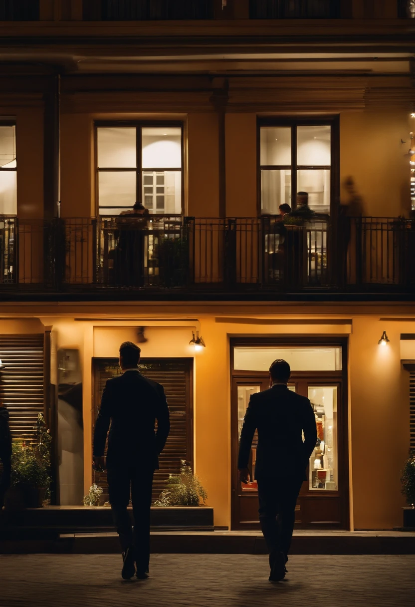Two men in suits after work，Behind the scenes walking in the shopping street in the evening, Smiling in profile,, The highest image quality,