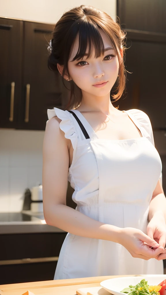 masterpiece、top-quality、in 8K、(Photorealsitic: 1.4)、(depth of fields:1.2)、ultra-detailliert、hight resolution、finely detail、独奏、(1womanl:1.4)、(real looking skin:1.2)、Beautuful Women、Perfect figure、extremely detailed eye and face、Ultra-detailed and beautiful eyes、a smile:1.5、Ruffled apron dresses、Cooking in the kitchen