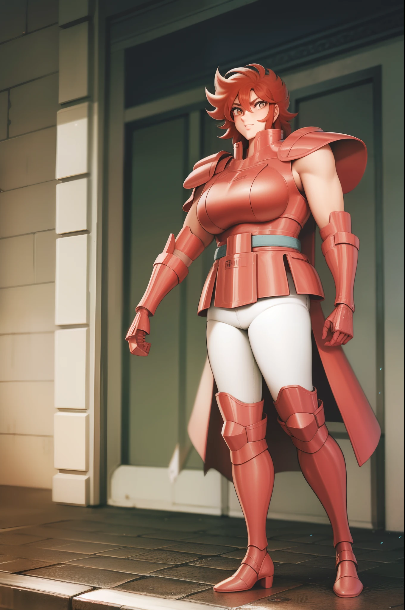 tomboy, full armor ,big breast, full body, red hair, smile, boots, pants, full body, standing