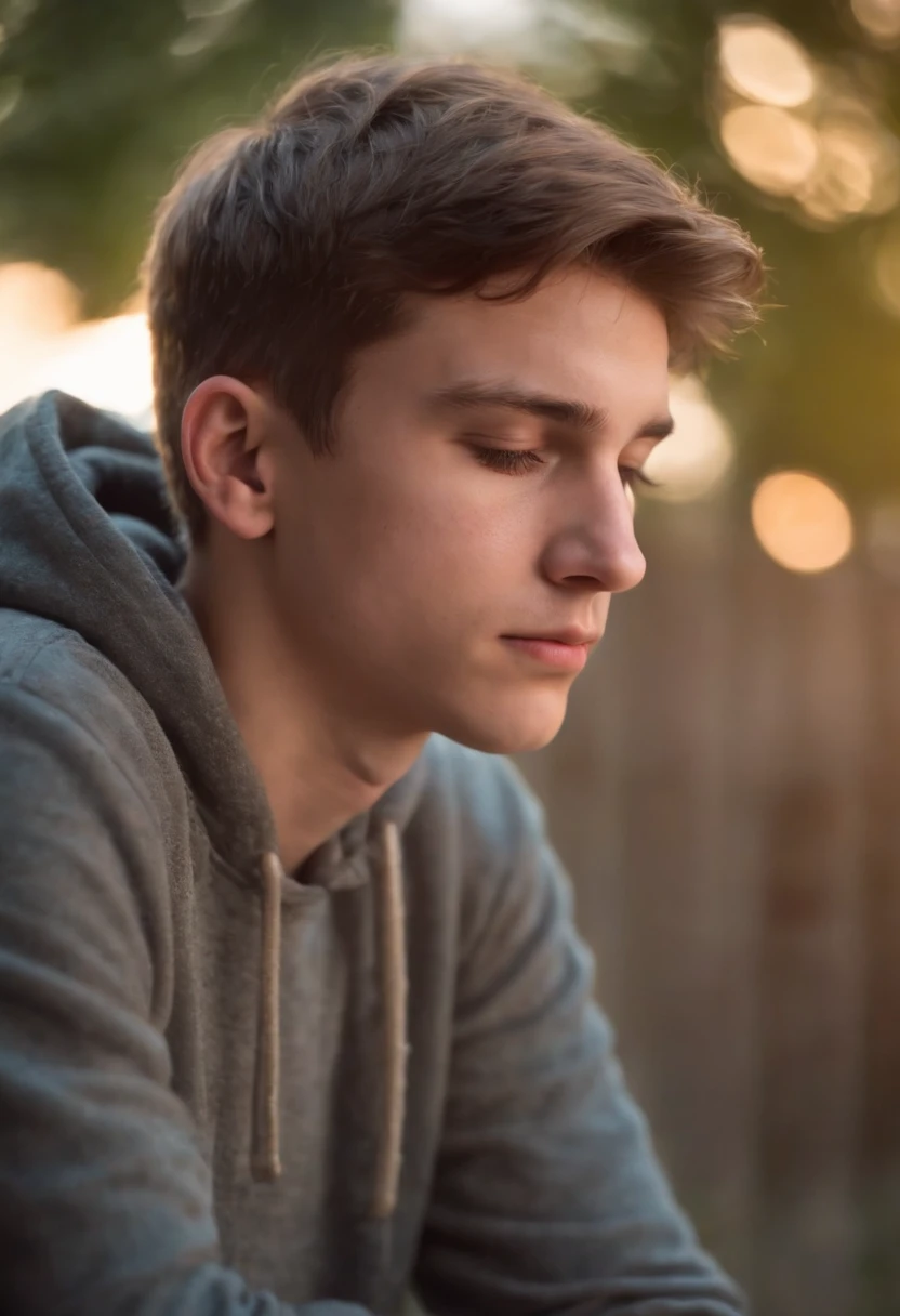 a sad teenager with his eyes closed and his head down