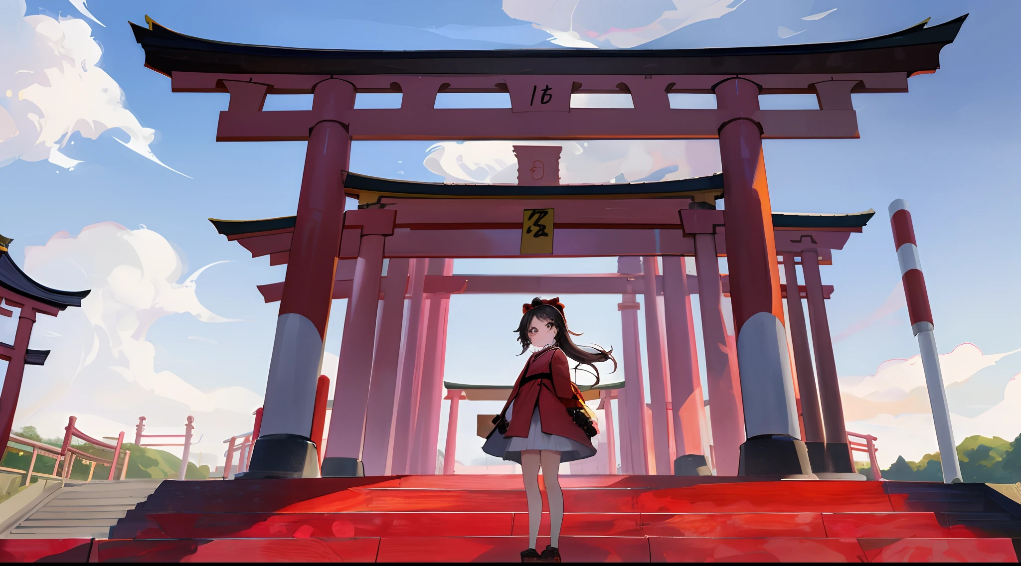 there is a woman standing in front of a large gate, inspired by Torii Kiyomoto, inspired by Torii Kiyomasu, inspired by Torii Kiyomasu II, inspired by Torii Kiyomitsu, torii in the background, inspired by Josetsu, inspired by Itō Shinsui, pop japonisme 3 d ultra detailed