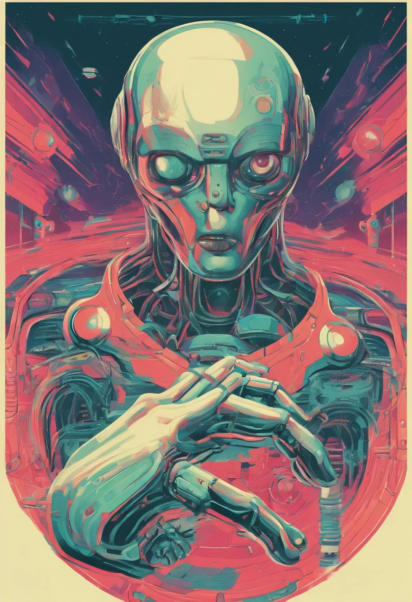 Robots hand reacing human hand ,Creation Of Adam Michelangelo, illustration painting. old creepy cover art, futuristic poster style, creepy retro horror pulp art 90's, lovecraft ART STYLE. GLOOM GALAXY BACKGROUND. GOTIC ART STYLE,