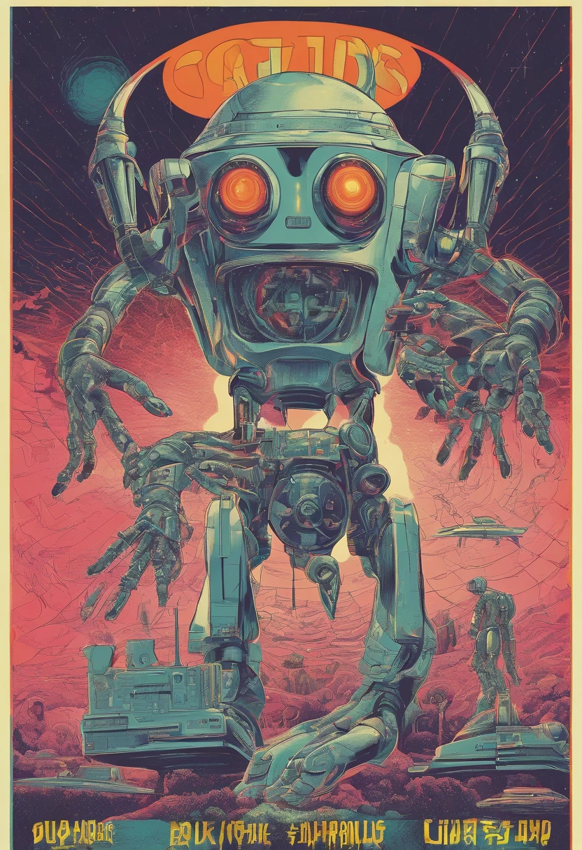 Robots hand reacing human hand ,Creation Of Adam Michelangelo, illustration painting. old creepy cover art, futuristic poster style, creepy retro horror pulp art 90's, lovecraft ART STYLE. GLOOM GALAXY BACKGROUND. GOTIC ART STYLE,