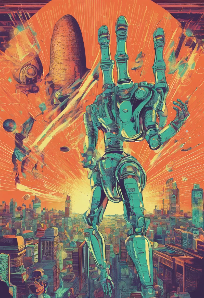 Robots hand reacing human hand ,Creation Of Adam Michelangelo, illustration painting. old creepy cover art, futuristic poster style, creepy retro horror pulp art 90's, lovecraft ART STYLE. GLOOM GALAXY BACKGROUND. GOTIC ART STYLE,