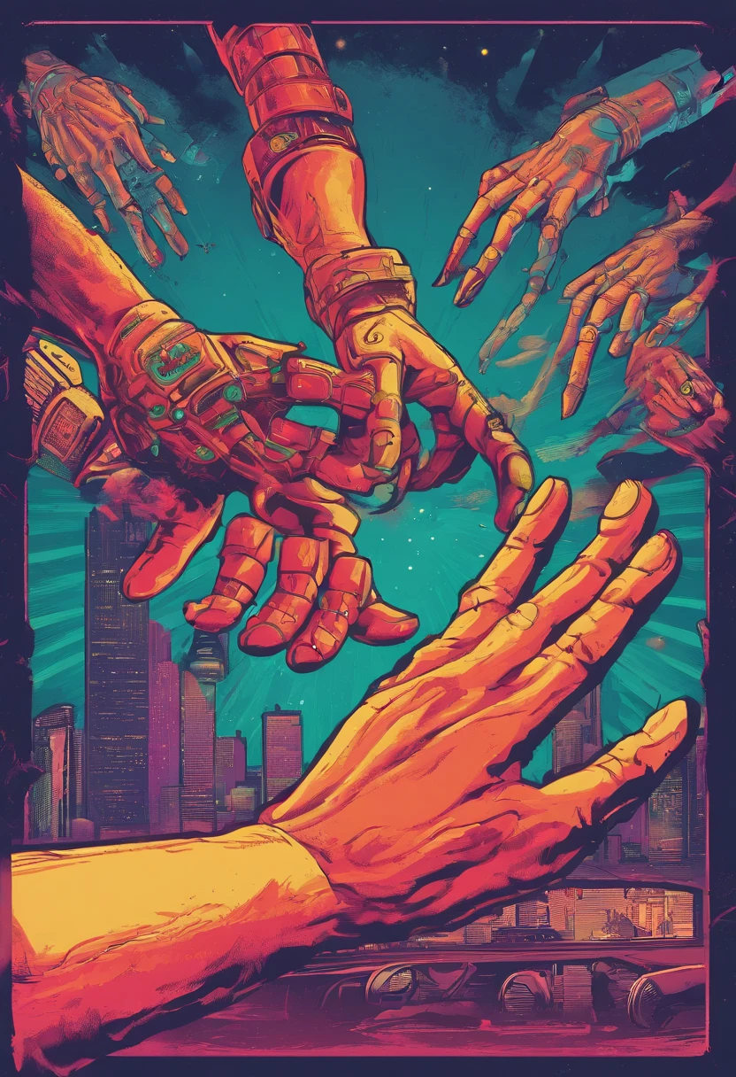 Robots hand reacing human hand ,Creation Of Adam Michelangelo, illustration painting. old creepy cover art, futuristic poster style, creepy retro horror pulp art 90's, lovecraft ART STYLE. GLOOM GALAXY BACKGROUND. GOTIC ART STYLE,