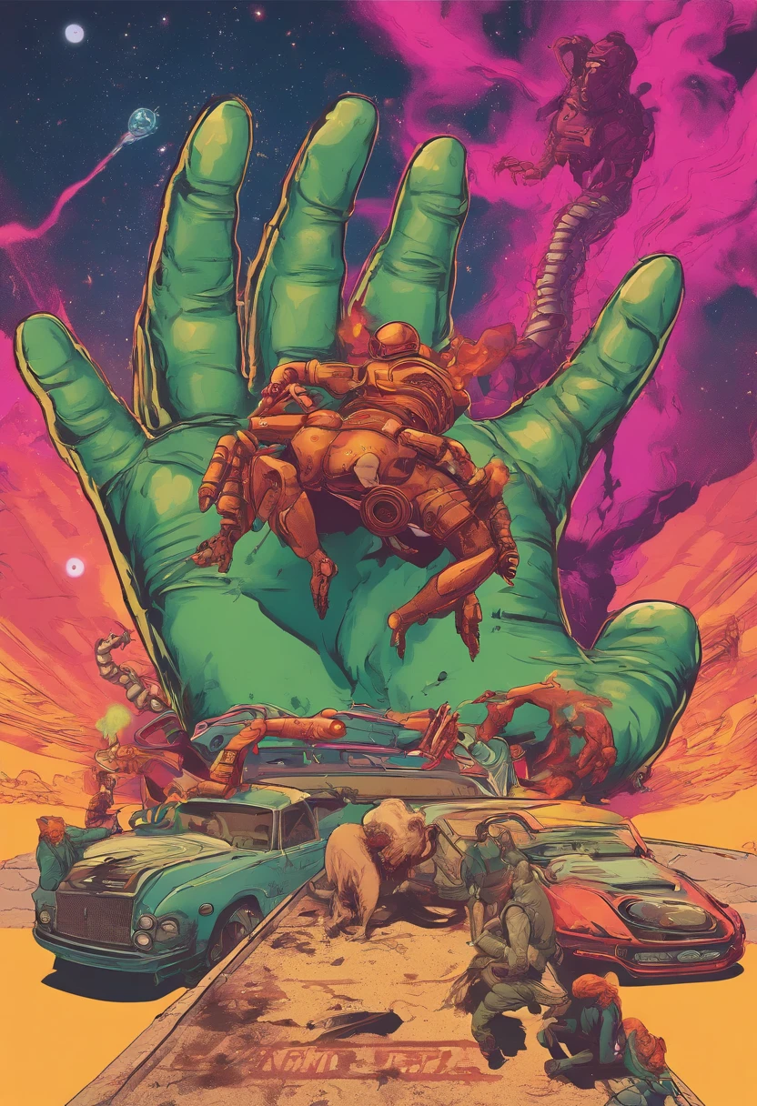 Robots hand reacing human hand ,Creation Of Adam Michelangelo, illustration painting. old creepy cover art, futuristic poster style, creepy retro horror pulp art 90's, lovecraft ART STYLE. GLOOM GALAXY BACKGROUND. GOTIC ART STYLE,