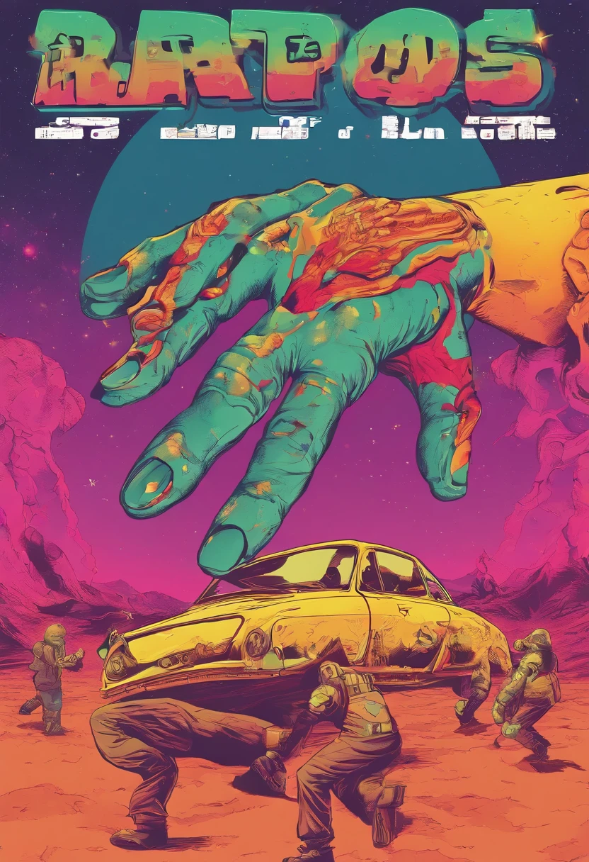 Robots hand reacing human hand ,Creation Of Adam Michelangelo, illustration painting. old creepy cover art, futuristic poster style, creepy retro horror pulp art 90's, lovecraft ART STYLE. GLOOM GALAXY BACKGROUND. GOTIC ART STYLE,