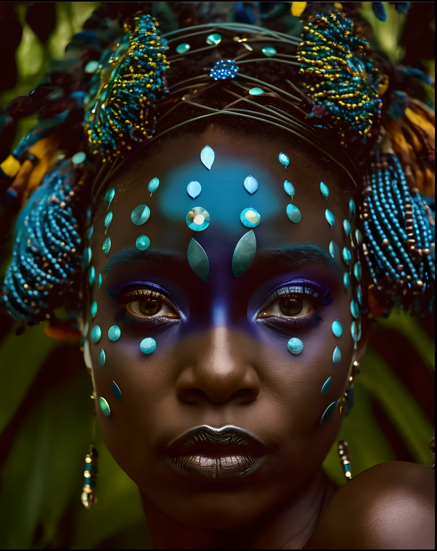 a close up of a woman with a blue face and headdress, stunning african princess, afrofuturism style, african princess, black african princess, afrofuturism, african queen, stunning portrait, 8k artistic portrait photography, afrofuturistic, anthropological photography, afrofuturist, futuristic himba age girl, beautiful portrait, beautiful futuristic himba woman, tribal makeup, fierce eyes