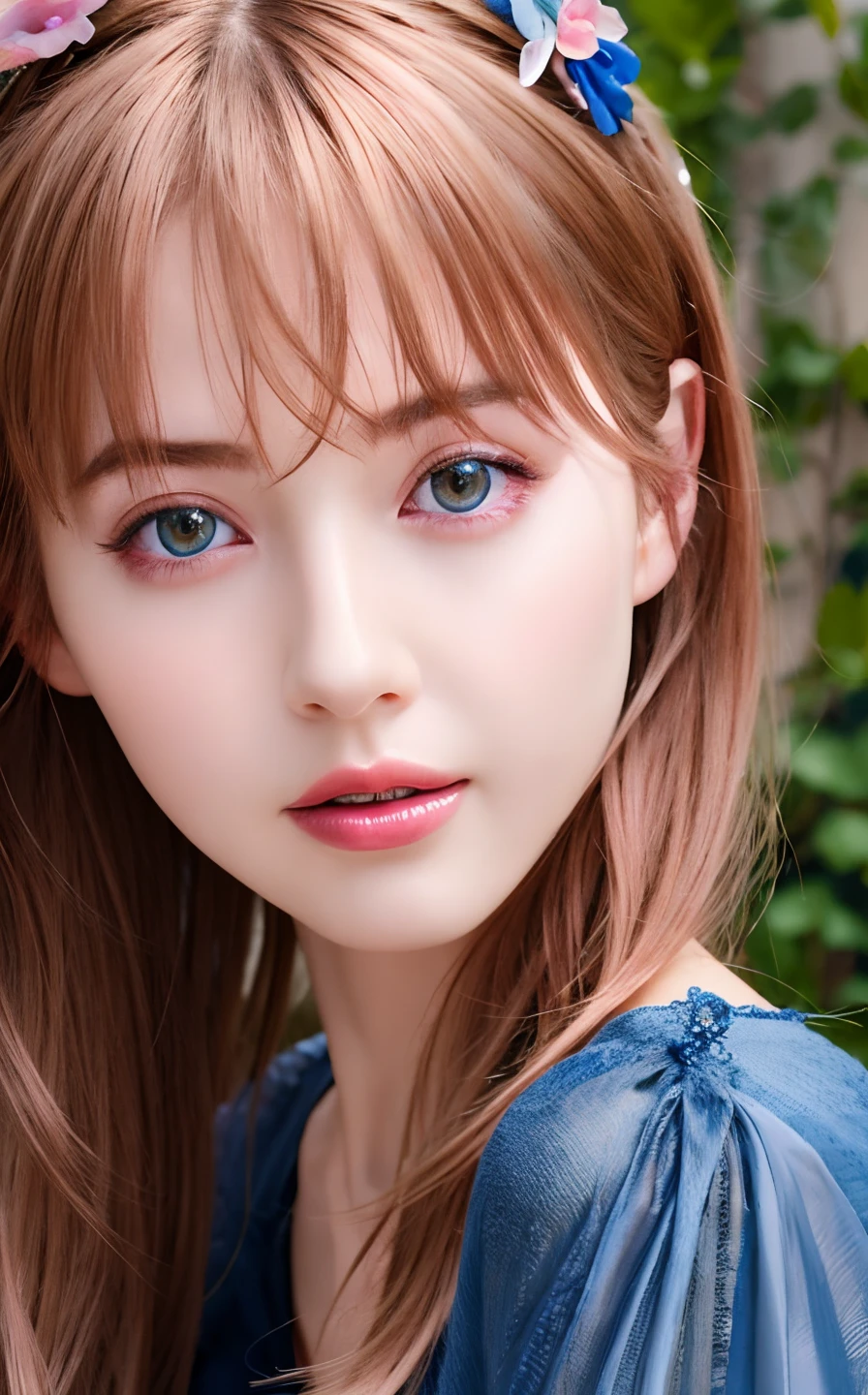 best quality, ultra high res, (photorealistic:1.4), (detailed beautiful girl:1.4), (medium breasts:0.8), looking_at_viewer, Detailed facial details, beautiful detailed eyes,pink hair, blue eyes, slender, haunting smile, (makeup:0.3), red lips, highly detailed clothes, (ulzzang-6500-v1.1:0.3)
