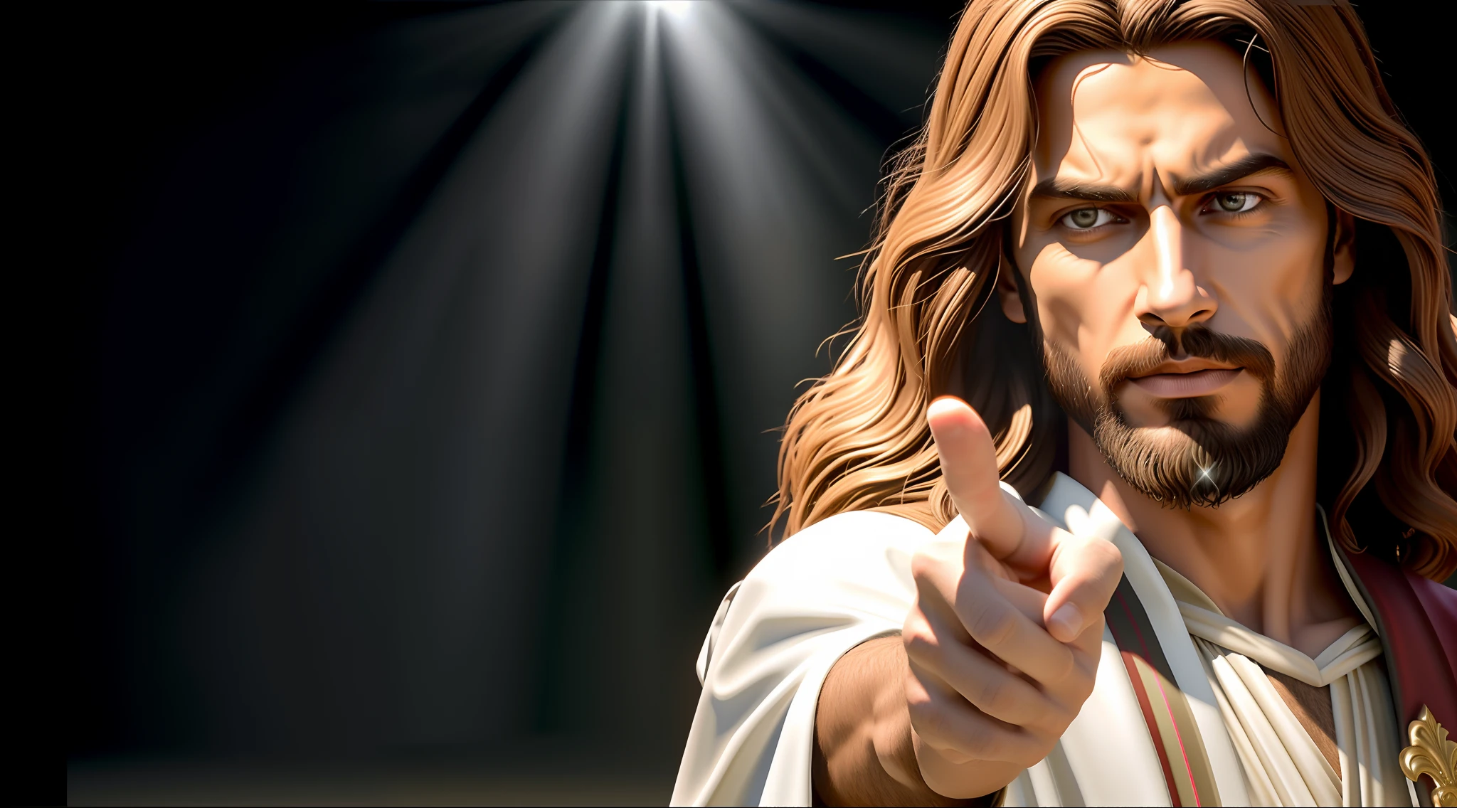 backgroup black, maximo de qualidade, realismo, maxmio de realismo, maximo de realista, imagem detalhada, sempre deixe jesus em destaque, lado direito mais iluminado e querdo mais escuro