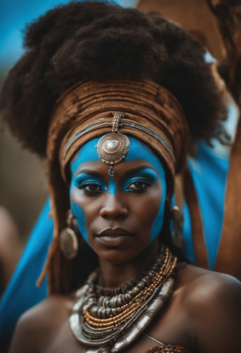 a close up of a woman with a blue face and headdress, stunning african princess, afrofuturism style, african princess, black african princess, afrofuturism, african queen, stunning portrait, 8k artistic portrait photography, afrofuturistic, anthropological photography, afrofuturist, futuristic himba teenage girl, beautiful portrait, beautiful futuristic himba woman, tribal makeup, fierce eyes