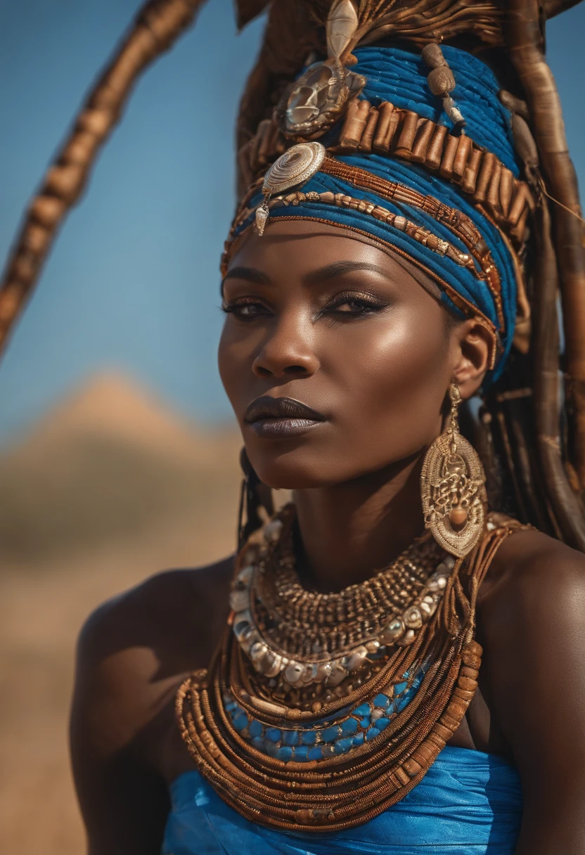a close up of a woman with a blue face and headdress, stunning african princess, afrofuturism style, african princess, black african princess, afrofuturism, african queen, stunning portrait, 8k artistic portrait photography, afrofuturistic, anthropological photography, afrofuturist, futuristic himba teenage girl, beautiful portrait, beautiful futuristic himba woman, tribal makeup, fierce eyes