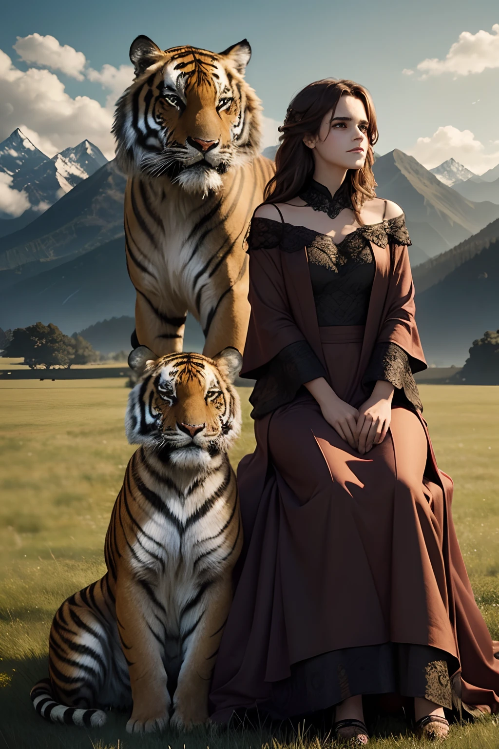 Emma Watson is standing in an open field with a majestic, fully-grown tiger at her side. The former "Harry Potter" star appears in her mid-twenties, radiating elegance and confidence; she is in a floor-length, deep red gown that complements her fair skin and brown hair::10. The tiger is robust, amber-coated, displaying a calm yet powerful demeanor, seated next to her as if they are old friends. The open field is expansive, brimming with tall, crisp green grass that sways gently in the wind, positioned against a backdrop of towering mountains in the distance. The mood of the scene conveys a harmonious cohabitation between humans and nature, presenting a majestic, tranquil, and ethereal atmosphere. The photo is captured with a Nikon D6 using an f/2.8 aperture to create a semi-shallow depth of field. The lighting is soft with a bit of edge lighting to highlight the silhouette of the two main subjects, adding depth and dimension