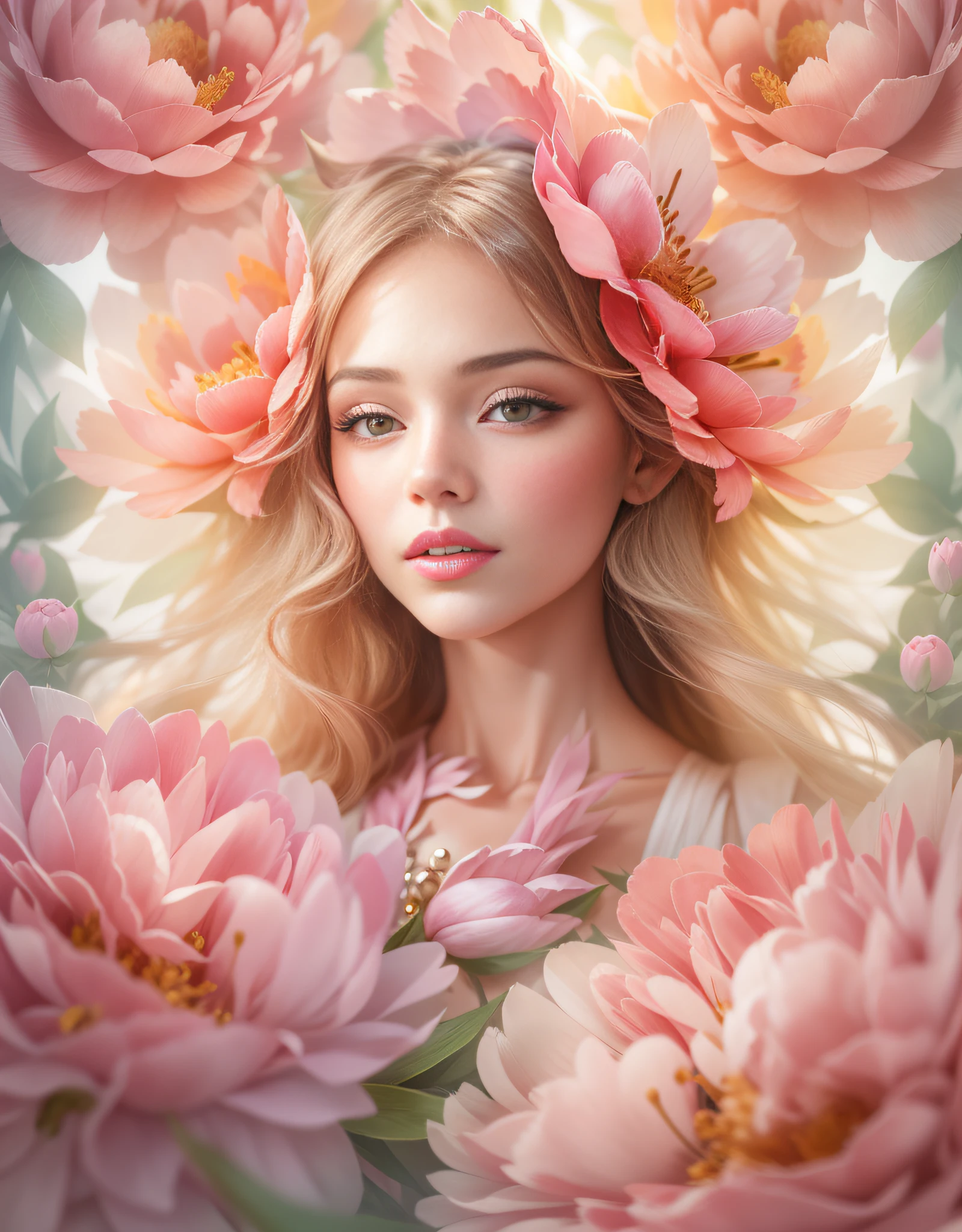 Beautiful Magnolia Princess, Arnouveau style, symmetrically, fondness, sunlight rays, airiness, grace, Floral ornament, chiffon, Silk, Correct eye proportions, expressive eyes, long eyelashes, plump wet lips, Texture skins for the face, A lot of air, higly detailed, Doubleexposure, 30 thousand......., dispersion