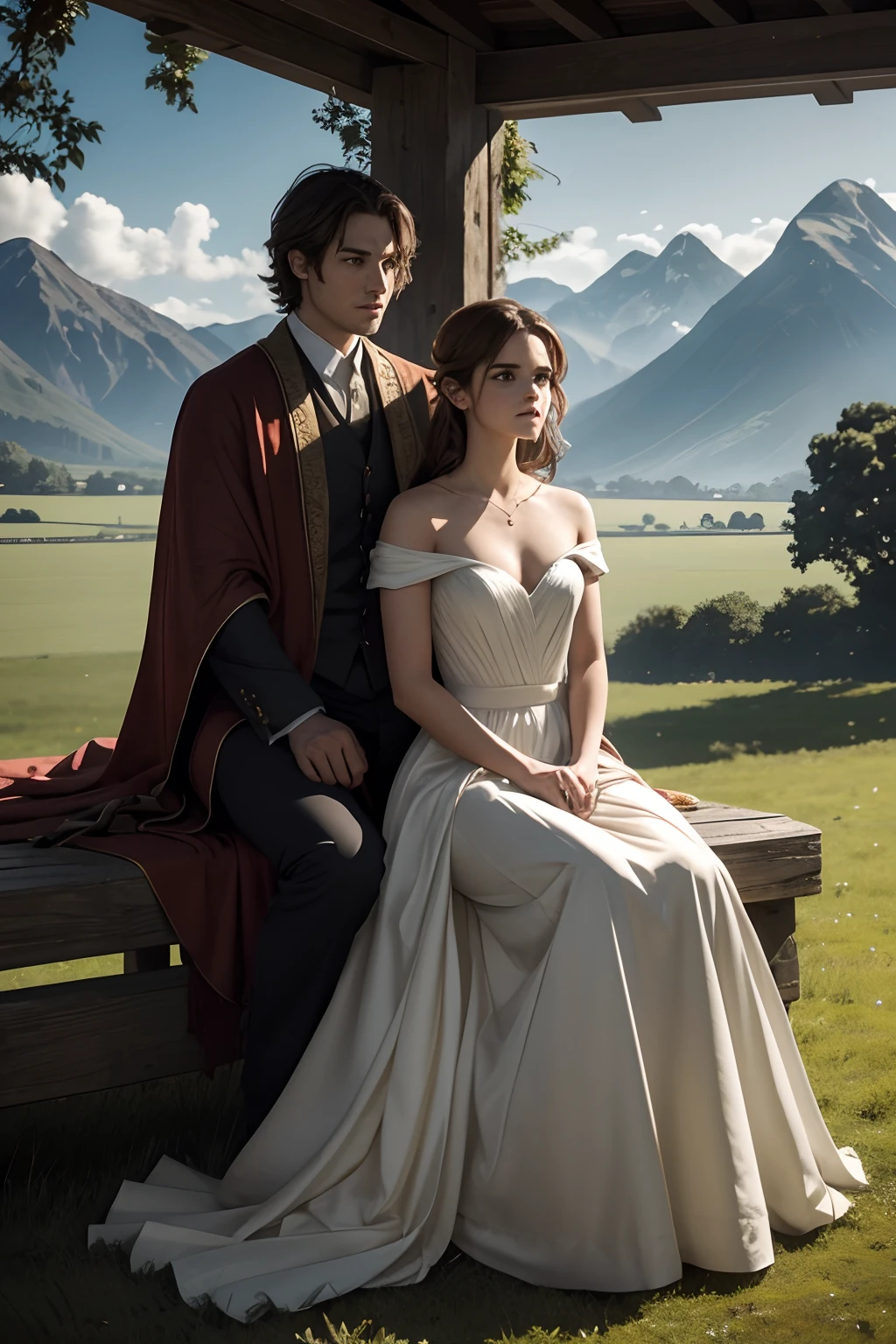 Emma Watson is standing in an open field with a majestic, fully-grown tiger at her side. The former "Harry Potter" star appears in her mid-twenties, radiating elegance and confidence; she is in a floor-length, deep red gown that complements her fair skin and brown hair::10. The tiger is robust, amber-coated, displaying a calm yet powerful demeanor, seated next to her as if they are old friends. The open field is expansive, brimming with tall, crisp green grass that sways gently in the wind, positioned against a backdrop of towering mountains in the distance. The mood of the scene conveys a harmonious cohabitation between humans and nature, presenting a majestic, tranquil, and ethereal atmosphere. The photo is captured with a Nikon D6 using an f/2.8 aperture to create a semi-shallow depth of field. The lighting is soft with a bit of edge lighting to highlight the silhouette of the two main subjects, adding depth and dimension