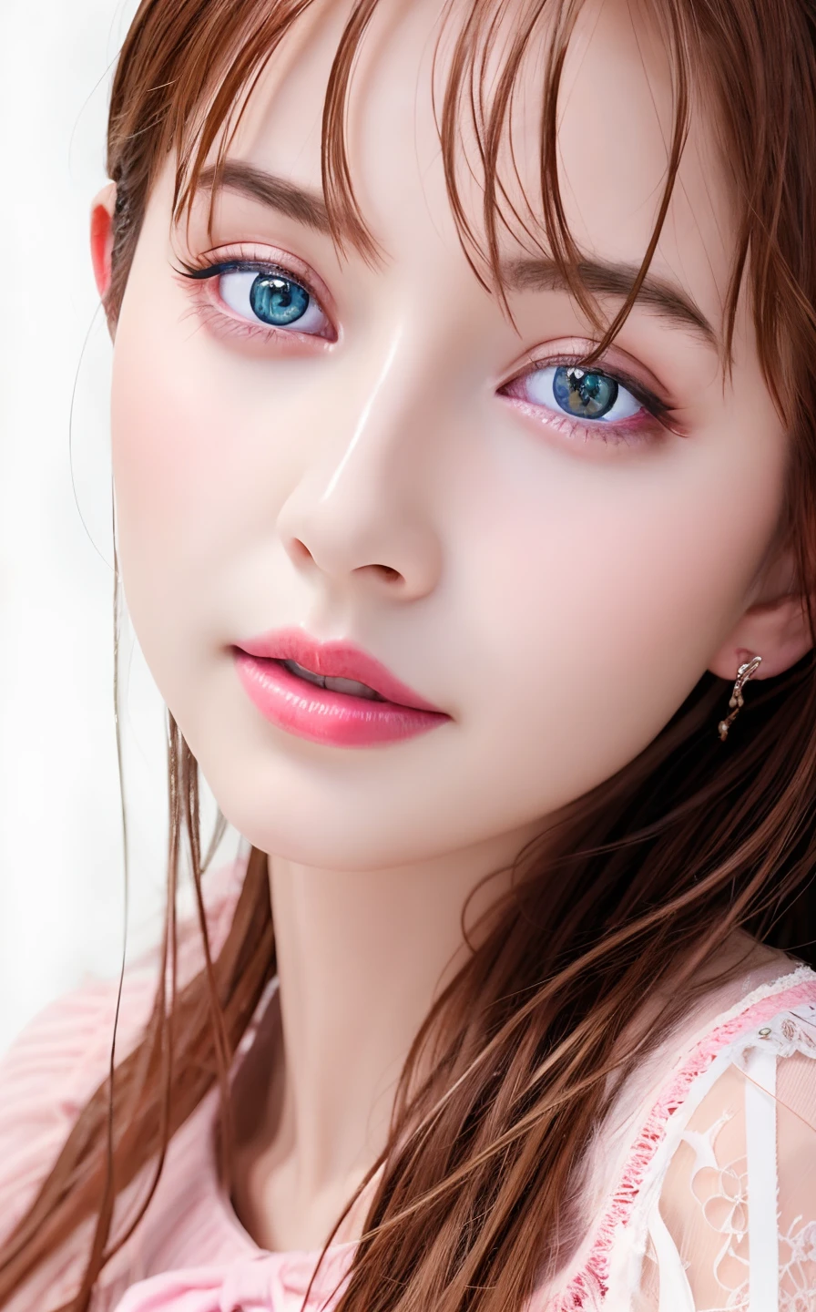 best quality, ultra high res, (photorealistic:1.4), (detailed beautiful girl:1.4), (medium breasts:0.8), looking_at_viewer, Detailed facial details, beautiful detailed eyes,pink hair, blue eyes, slender, haunting smile, (makeup:0.3), red lips, highly detailed clothes, (ulzzang-6500-v1.1:0.3)