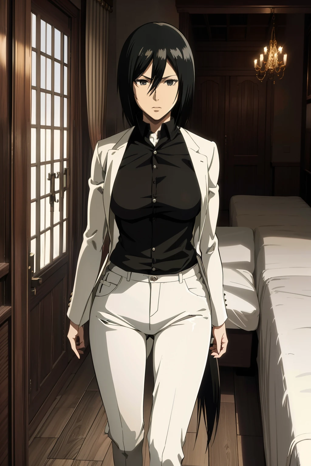 Best Quality,highres,da,long  hair ,white pants ,long  hair,1girl, Mikasa Ackerman , Butler tail coat ,Black hair, Black Eyes ,Tail coat,striped,tight pants ,black shirt ,school background , looking at the scenes,Badass Butler