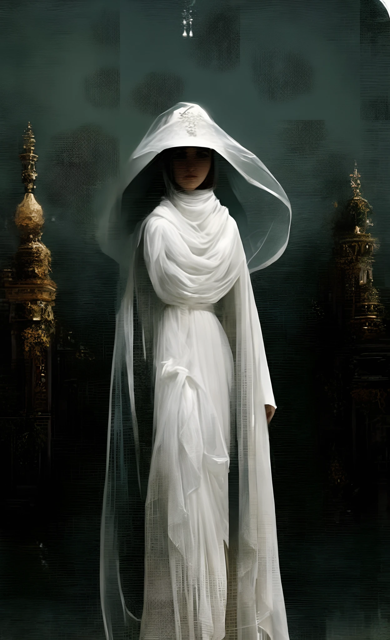 a painting of a woman in a white dress and veil, vereshchagin, funeral veil, veiled, shrouded figure, white veil, inspired by Vasily Vereshchagin, pascal blanche, by Vasily Vereshchagin, grim dark orientalism, karol bak of emma watson nun, wearing translucent veils, flowing white robes