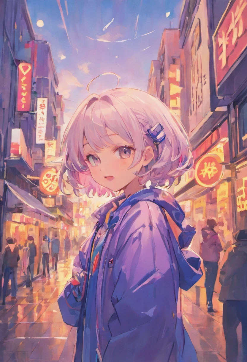 ,Silver Twitch Hair, Adults, 25-years old,, Blouson with street patch, lollipop , Smiling, ember, top-quality, ​masterpiece,