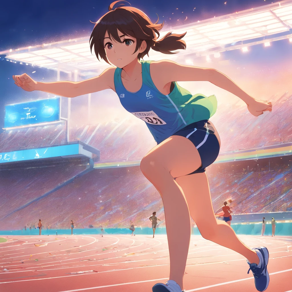 atletas treinando na pista de atletismo e uma menina nas arquibancadas observando