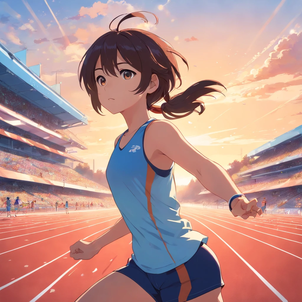 atletas treinando na pista de atletismo e uma menina nas arquibancadas observando