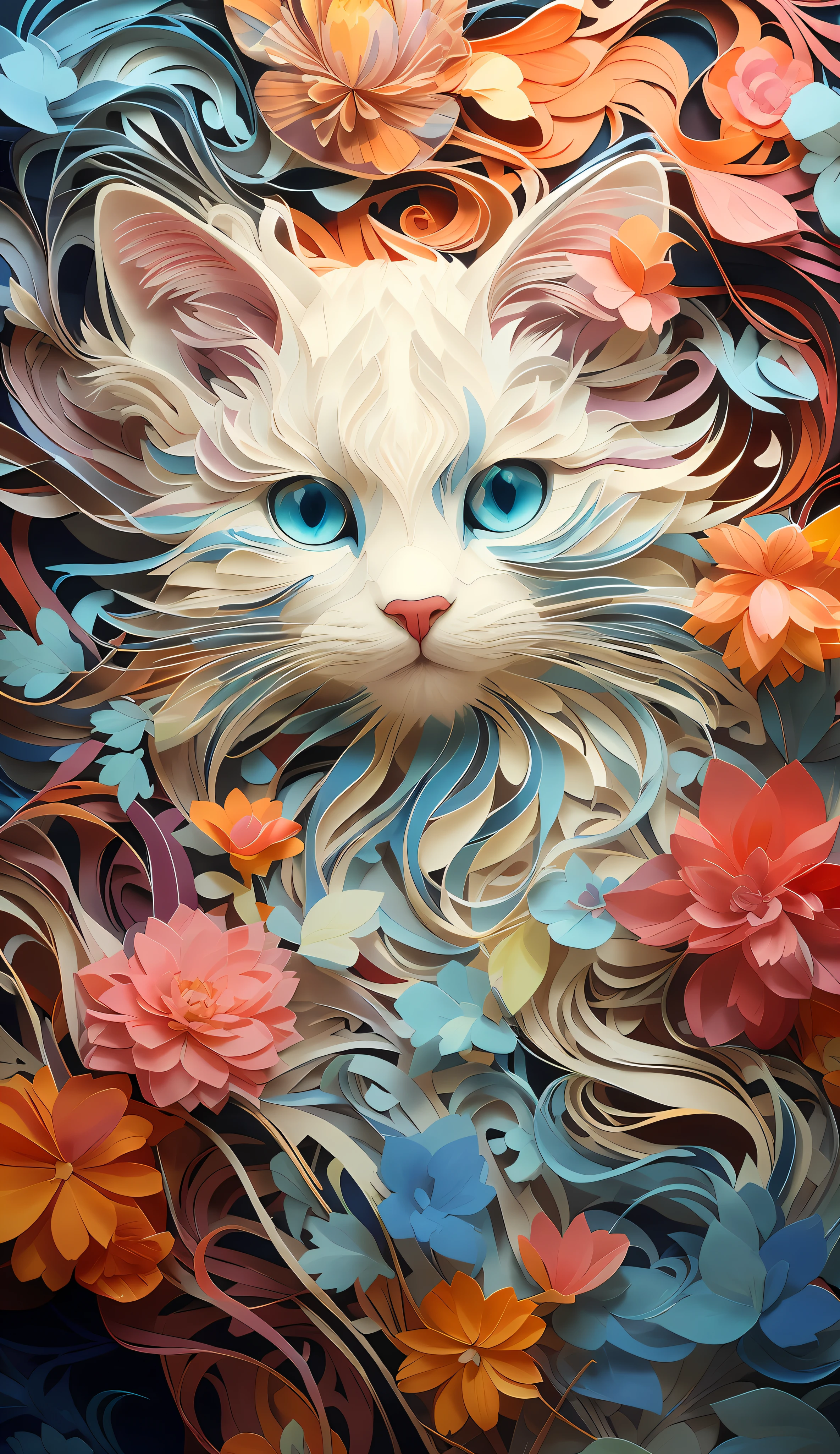Paper Art,There is a blue-eyed cat surrounded by flowers, 4k highly detailed digital art, Cute detailed digital art, 4K detailed digital art, Detailed painting 4 K, Beautiful art UHD 4 K, Beeple and Jeremiah Ketner, Beautiful digital artwork, intricate digital painting, cat detailed, gorgeous digital art, Detailed digital 3D art, Highly detailed digital art