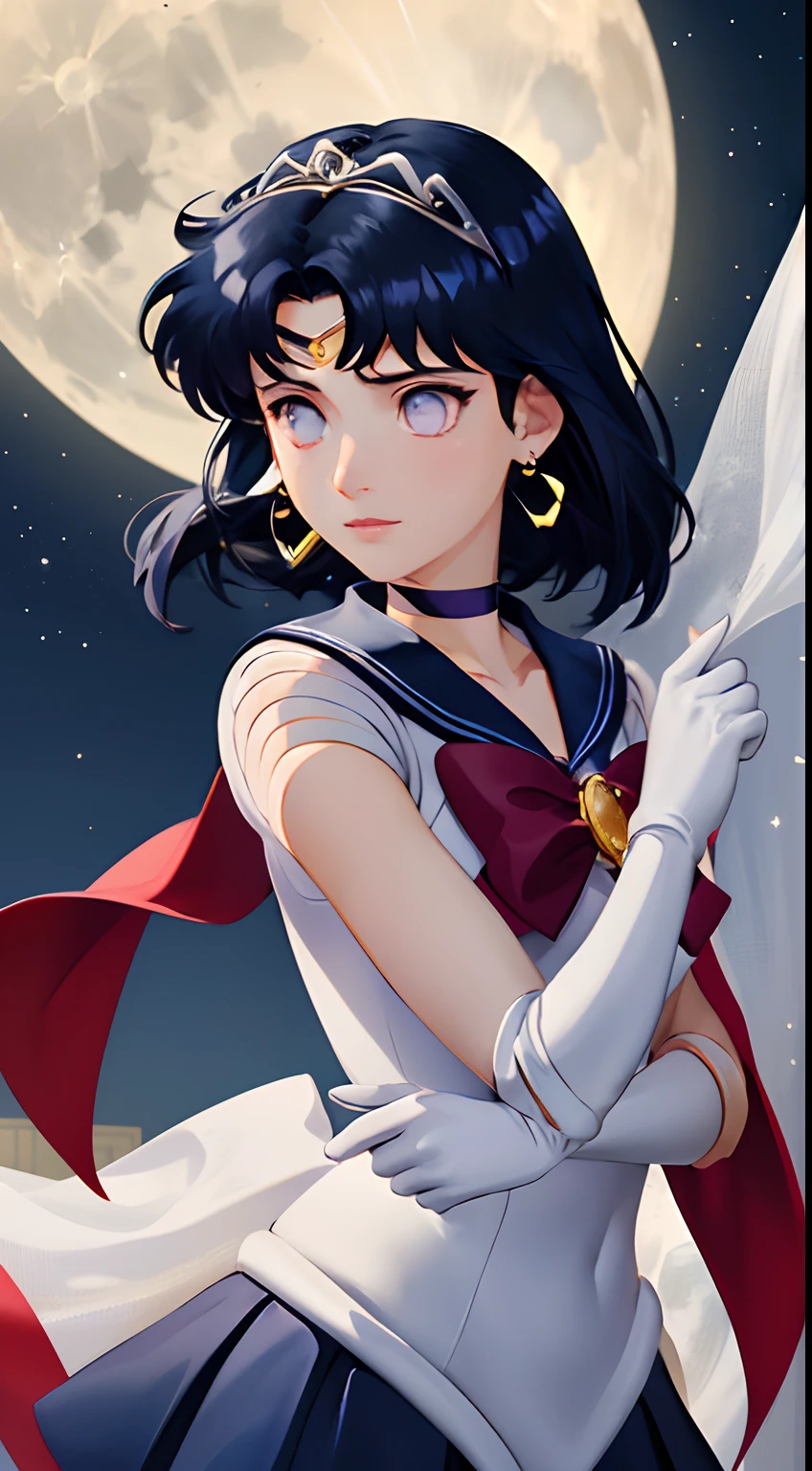 Masterpiece, Best Quality, Hi-Res, Moon 1, 1 Girl, Solo, Sailor Senshi Uniform, Sailor Moon, dark blue hair, Magical Girl, purple Eyes, Red Scarf, Elbow Gloves, Tiara, Blue Skirt, Skirt, Choker, White Gloves, Jewelry, Earrings, Background Is moon surface (Excellent Detail, Excellent Lighting, Wide Angle), Bangs