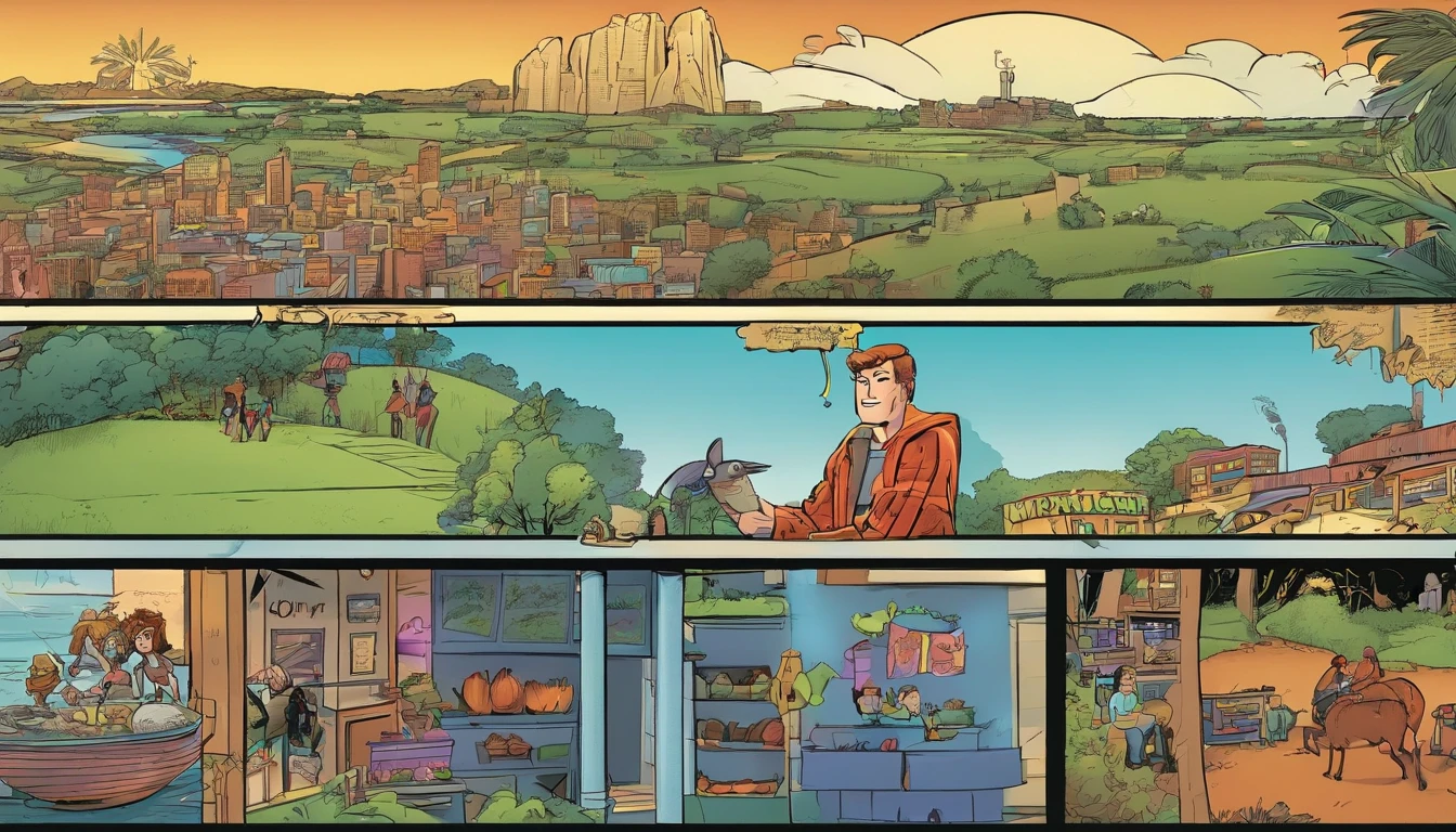 Quadrinhos americanos, The comic is presented in several irregular panels with colors. The style is exaggerated and detailed. Human with scissor hand.