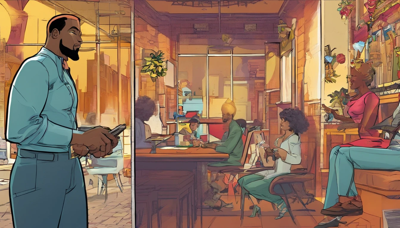 Quadrinhos americanos, The comic is presented in several irregular panels with colors. The style is exaggerated and detailed. Human with scissor hand.