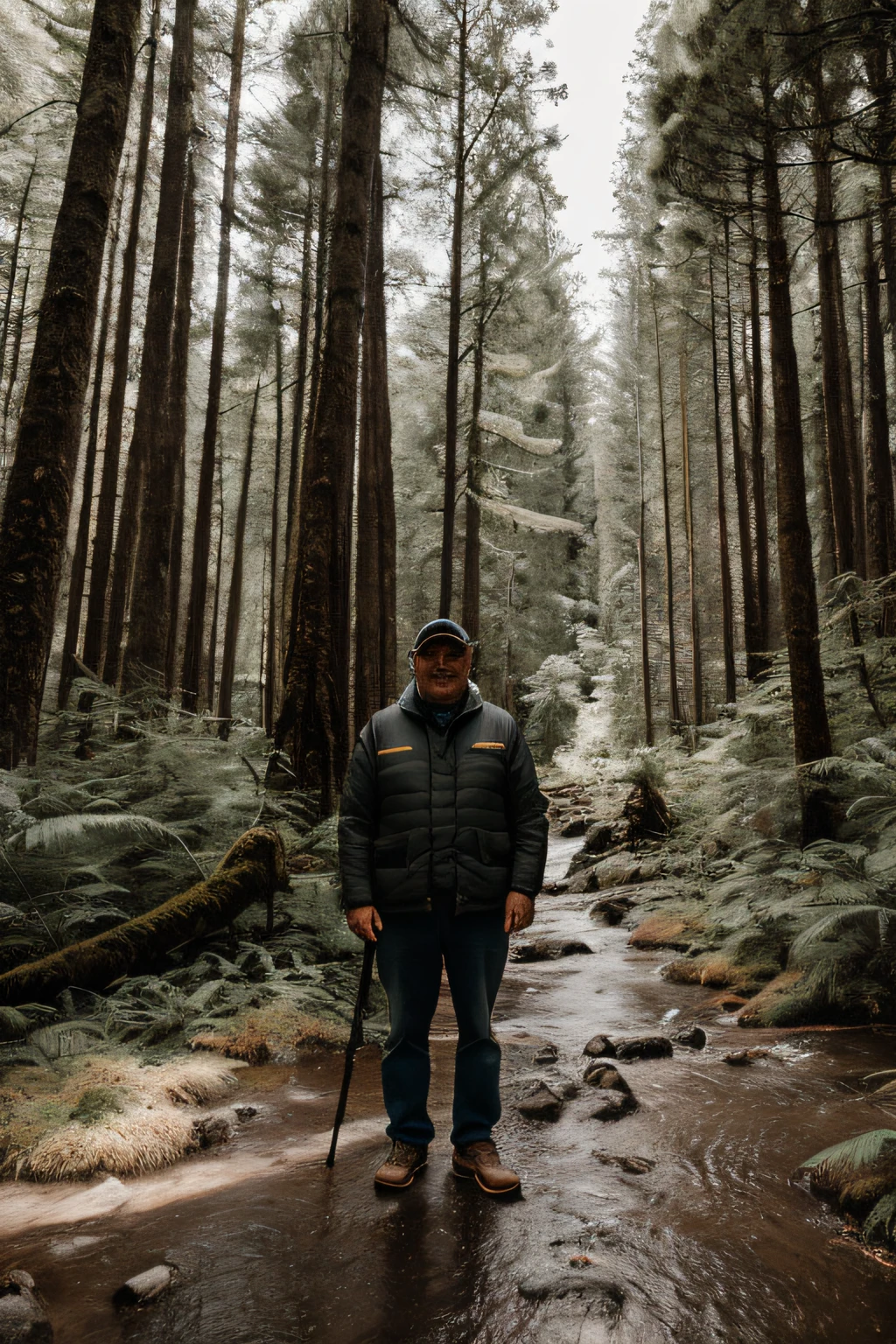 Foto RAW, uma foto retrato de 55 y.o homem, Roupas de viajante, standing in the forest, pele natural, 8k UHD, alta qualidade, filmic grain, Fujifilm XT3