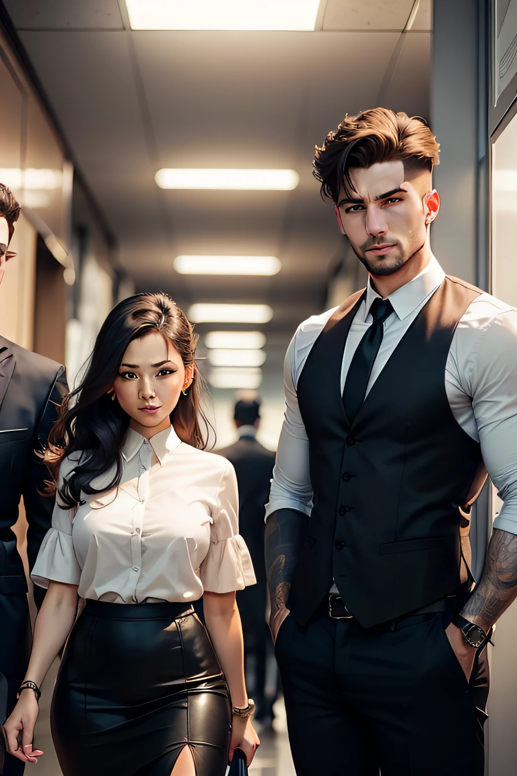 A woman and two men in a company.
