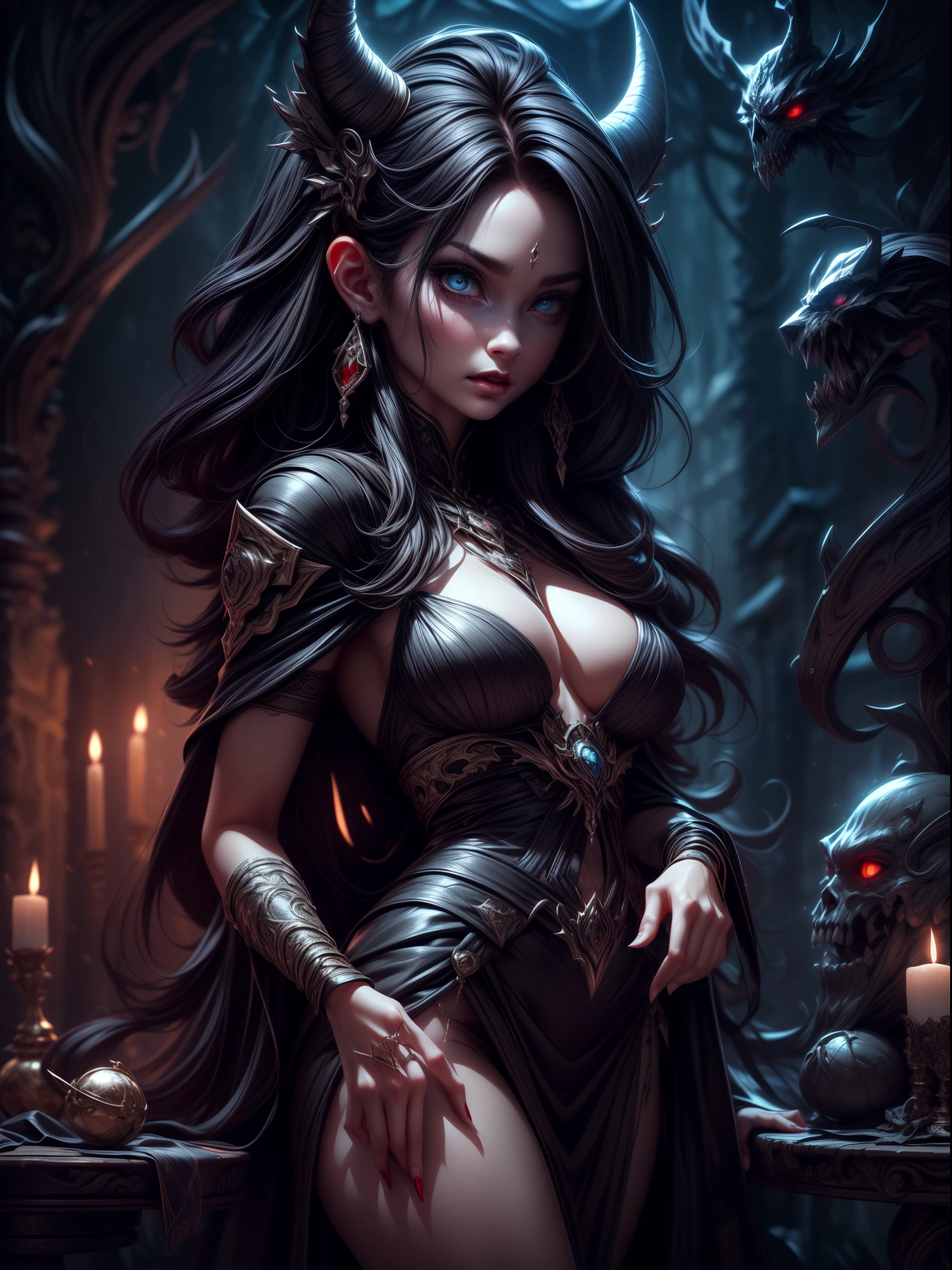 (best quality,highres,masterpiece:1.2),ultra-detailed,(realistic,photorealistic,photo-realistic:1.37),evil witch,scary detailed face,piercing eyes with a hint of red,sharp and menacing nails,dark and eerie magic,evoking a sense of ominous power,demonstrating her formidable skills,practicing her dark and twisted magic on an ancient altar,dark and mysterious background,cinematic lighting adding depth and drama,front view