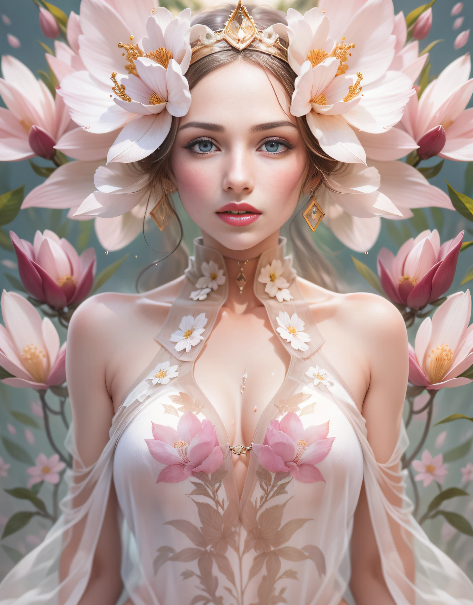 Beautiful Magnolia Princess, Arnouveau style, symmetrically, fondness, sunlight rays, airiness, grace, Floral ornament, chiffon, Silk, Correct eye proportions, expressive eyes, long eyelashes, plump wet lips, Texture skins for the face, A lot of air, higly detailed, Doubleexposure, 30 thousand........, dispersion