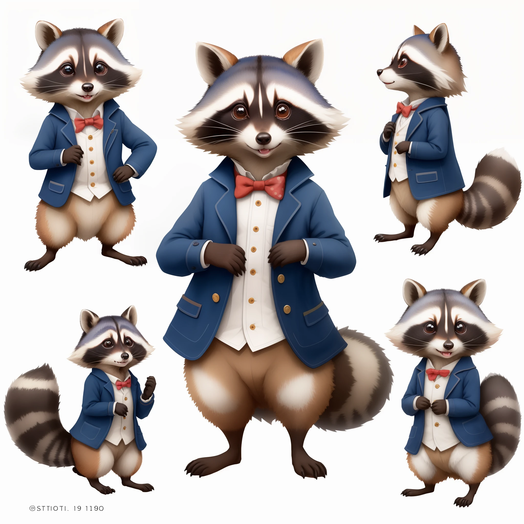 Cute little anthropomorphic raccoon on two legs in different 10 poses, in a blue jacket of the 19th century, Character Sheet, sitting, standing, in front, side, back, Multiple postures and facial expressions, watercolour, kids book illustration, beatrice potter style, Watercolor, trending on artstation, sharp focus, studio photo, intricate details, highly detailed,