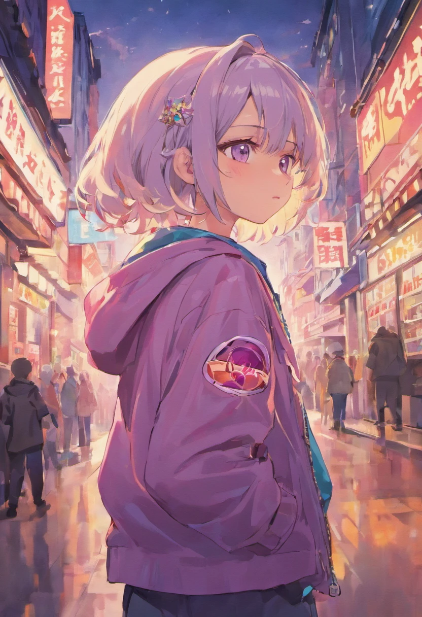 ,Silver Twitch Hair, Adults, 20yr old,, Blouson with street patch, lollipop , Think,, top-quality, ​masterpiece,back lighting，back lighting，