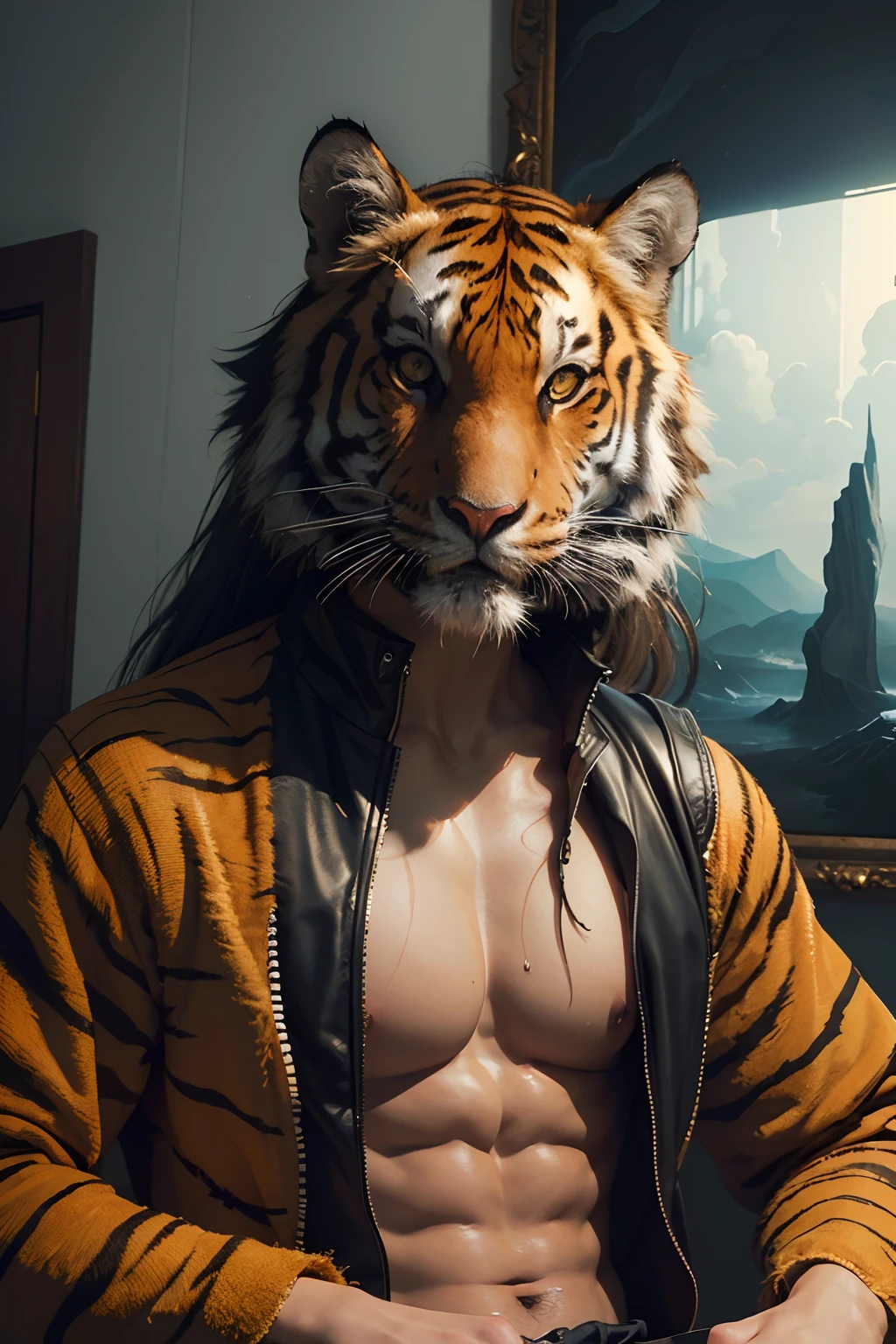 (best quality,4k,8k,highres,masterpiece:1.2),ultra-detailed,(realistic,photorealistic,photo-realistic:1.37),man with tiger mask,striking eyes,expressive face,detailed tiger pattern on the mask,fierce expression,confident posture,dusk lighting,contrast between shadows and highlights,vibrant colors,painterly style,sharp focus,tiger-like strength,mesmerizing composition,surreal atmosphere,energetic brushstrokes,eye-catching visual impact,impeccable attention to detail,tiger's gaze pierces through the canvas,wild and captivating presence,transcending reality,man and mask merge into one powerful entity,a metaphor for embracing one's true nature,awe-inspiring and thought-provoking.