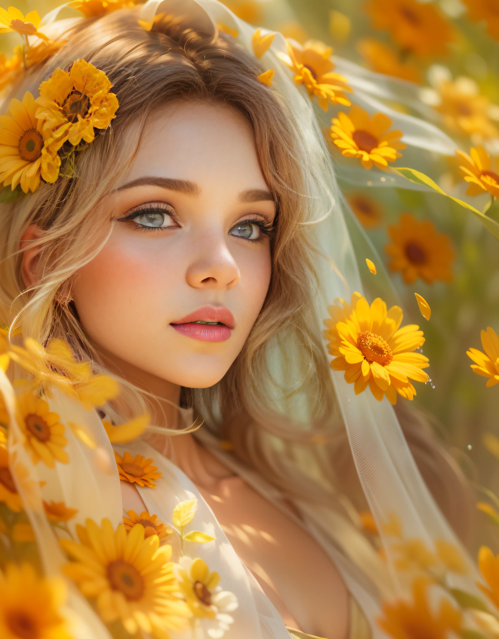 Beautiful Calendula Princess, Arnouveau style, symmetrically, fondness, sunlight rays, airiness, grace, Floral ornament, chiffon, Silk, Correct eye proportions, expressive eyes, long eyelashes, plump wet lips, Texture skins for the face, A lot of air, higly detailed, Doubleexposure, 30 thousand........., dispersion