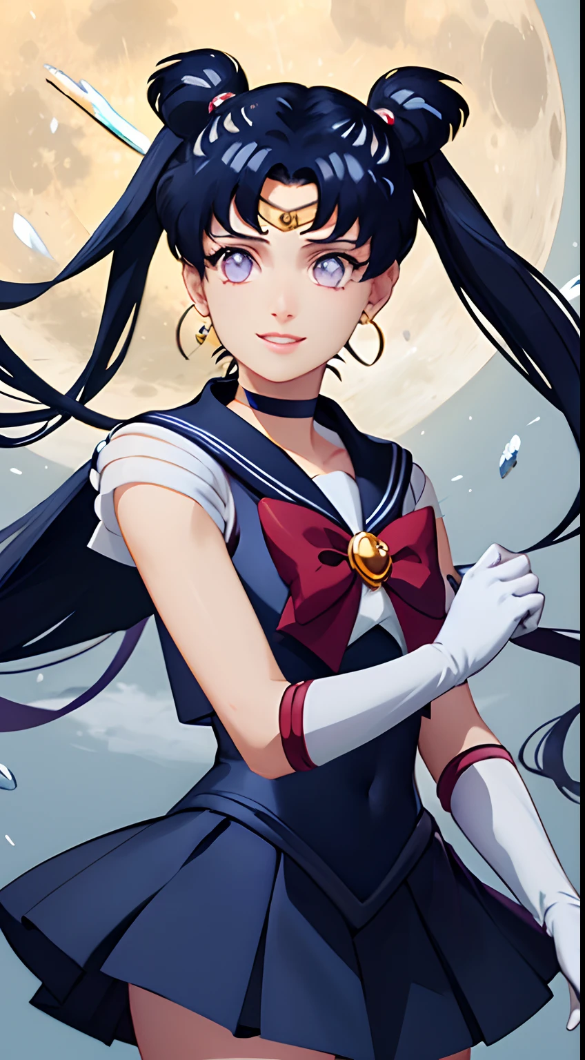 Masterpiece, Best Quality, Hi-Res, Moon 1, 1 Girl, Solo, Sailor Senshi Uniform, Sailor Moon, long dark blue hair, Magical Girl, purple Eyes, Red Scarf, Elbow Gloves, Tiara, Blue Skirt, Skirt, Choker, White Gloves, Jewelry, Earrings, Background Is moon surface (Excellent Detail, Excellent Lighting, Wide Angle), Bangs,twintail,smile,