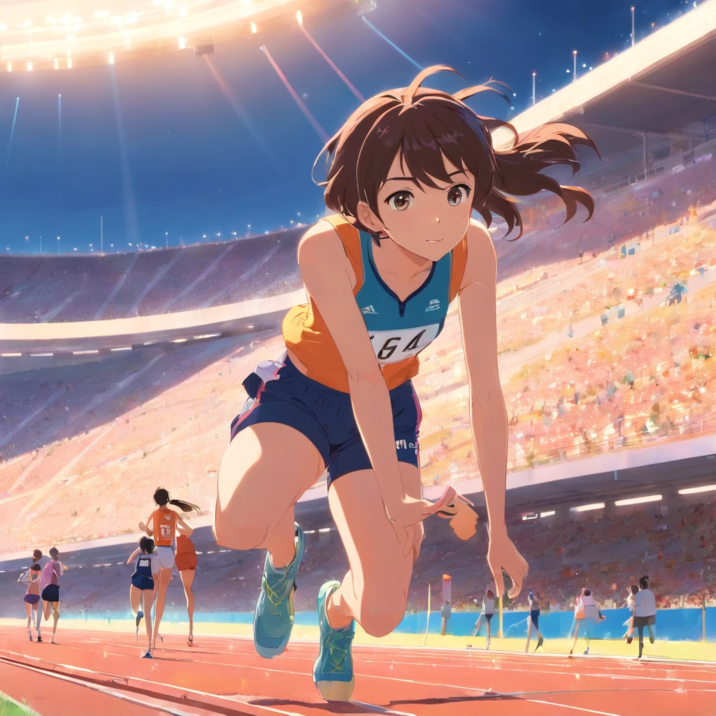 menina nas arquibancadas observando a pista de atletismo