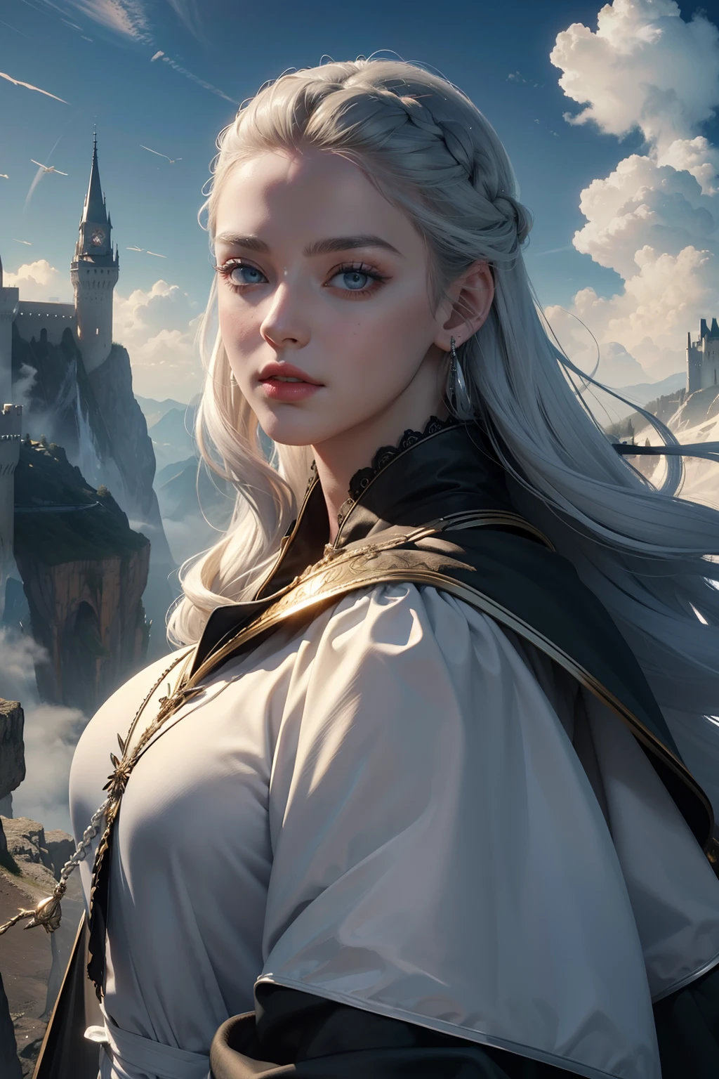 realistic, (masterpiece, top quality, best quality, official art, beautiful and aesthetic:1.2), extremely detailed,fractal art,colorful,highest detailed,dynamic angle,(castle on the cloud and mountain) 1girl,queen, silver hair, bright eyes,hair slicked back, black robe, open clouth, from above